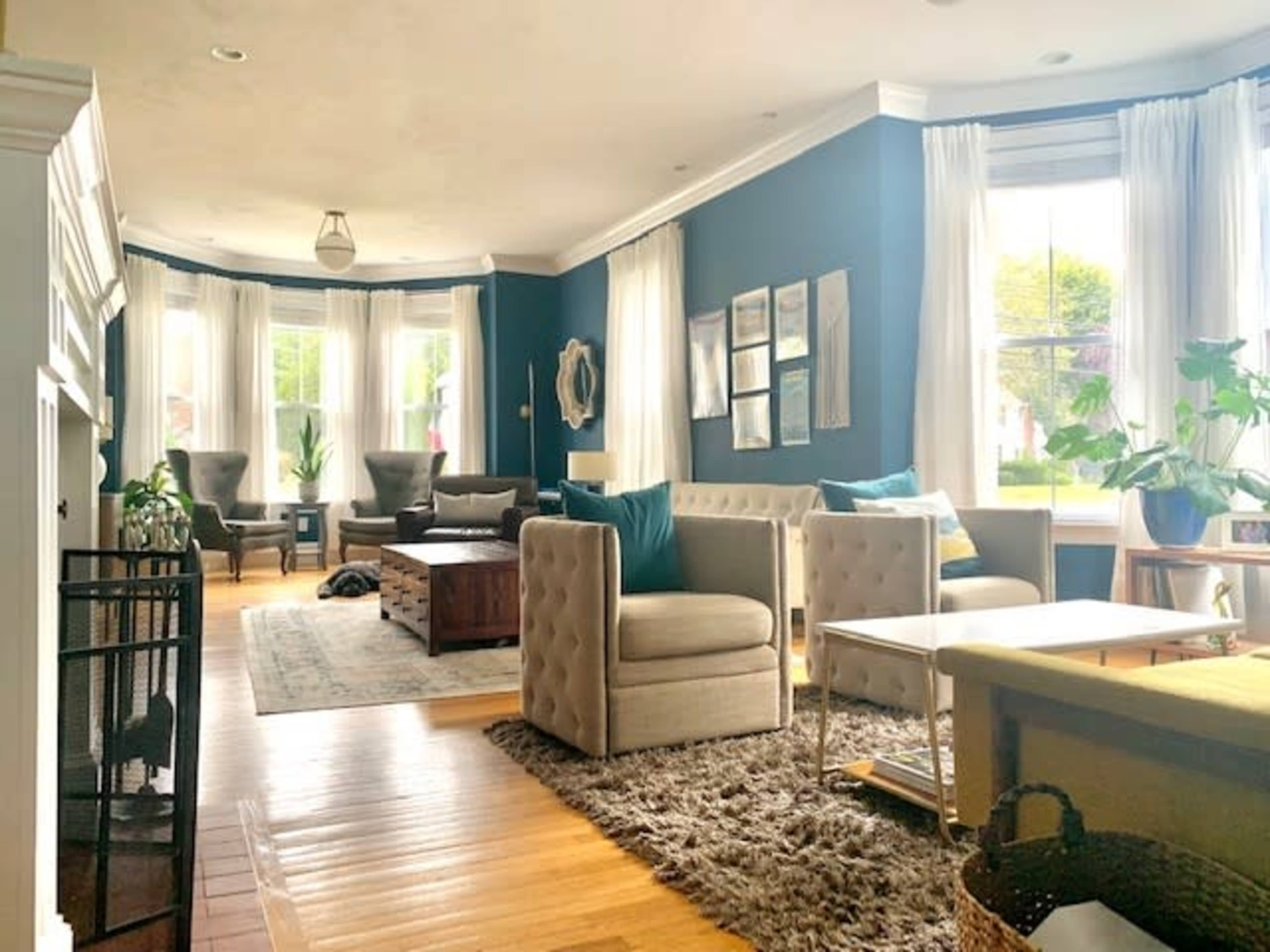 The living room features light-colored furniture, large windows with sheer curtains, and several indoor plants, all arranged around a central area rug.