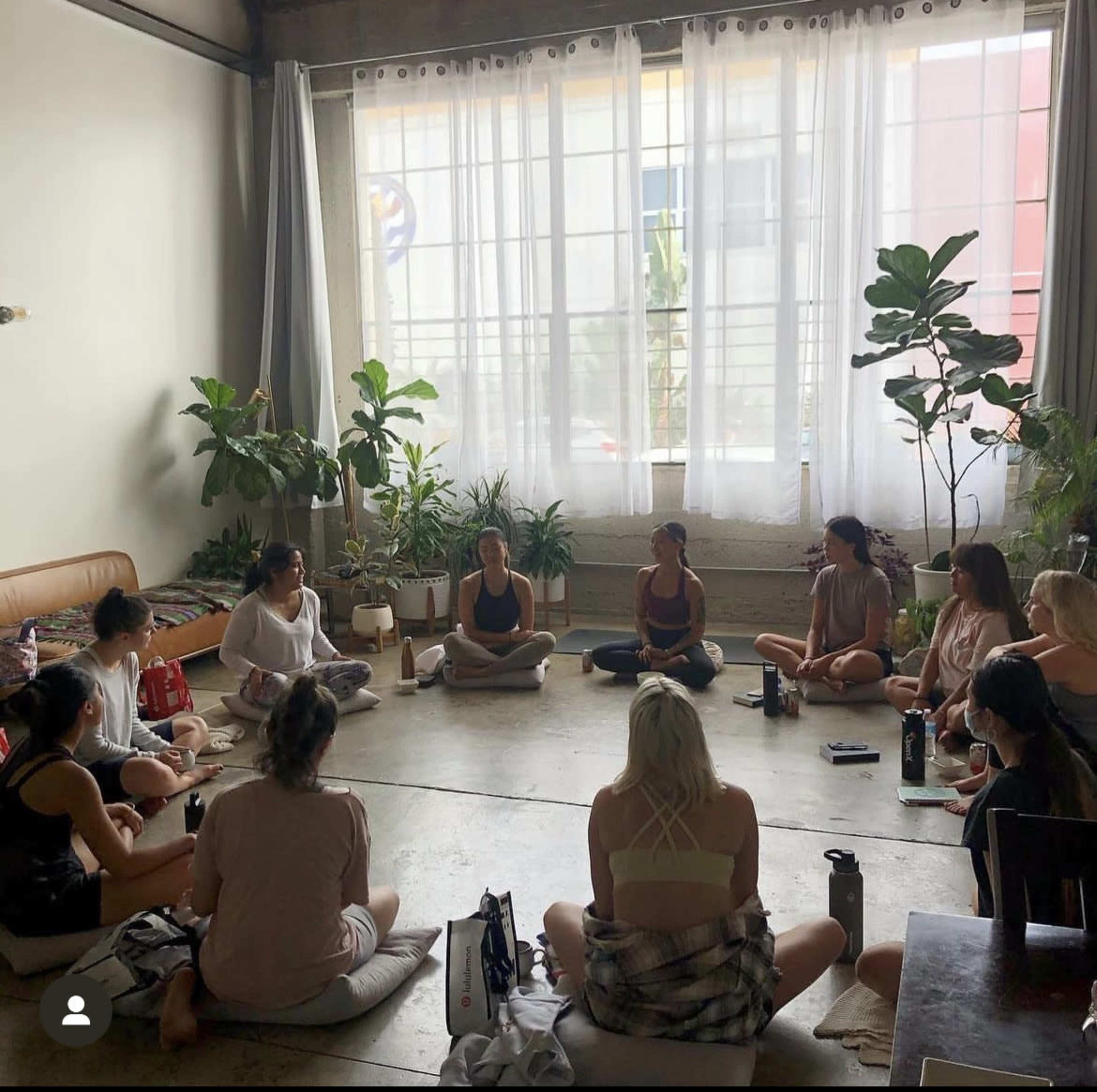 A group of people sits in a circle on the floor of a well-lit room filled with plants and large windows.