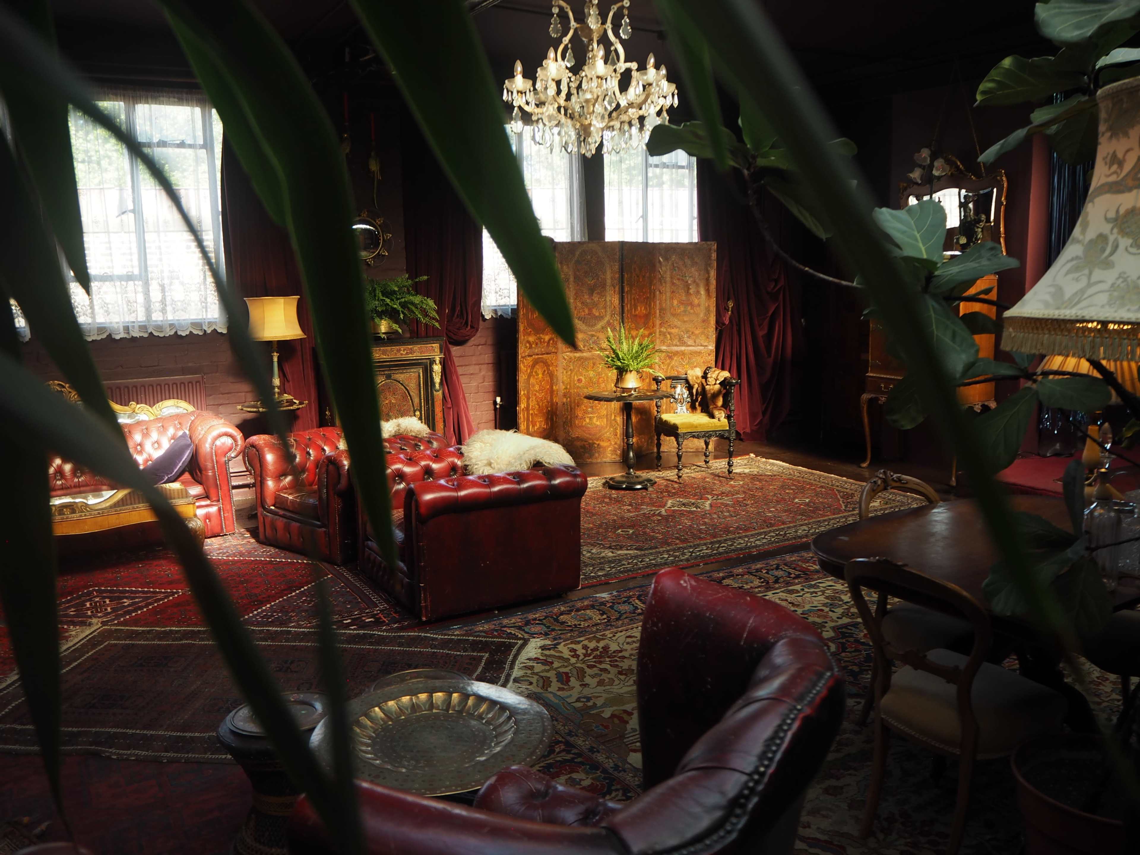 A vintage interior features a red leather chesterfield sofa, a decorative carpet, and a chandelier, surrounded by plants and antique furniture.