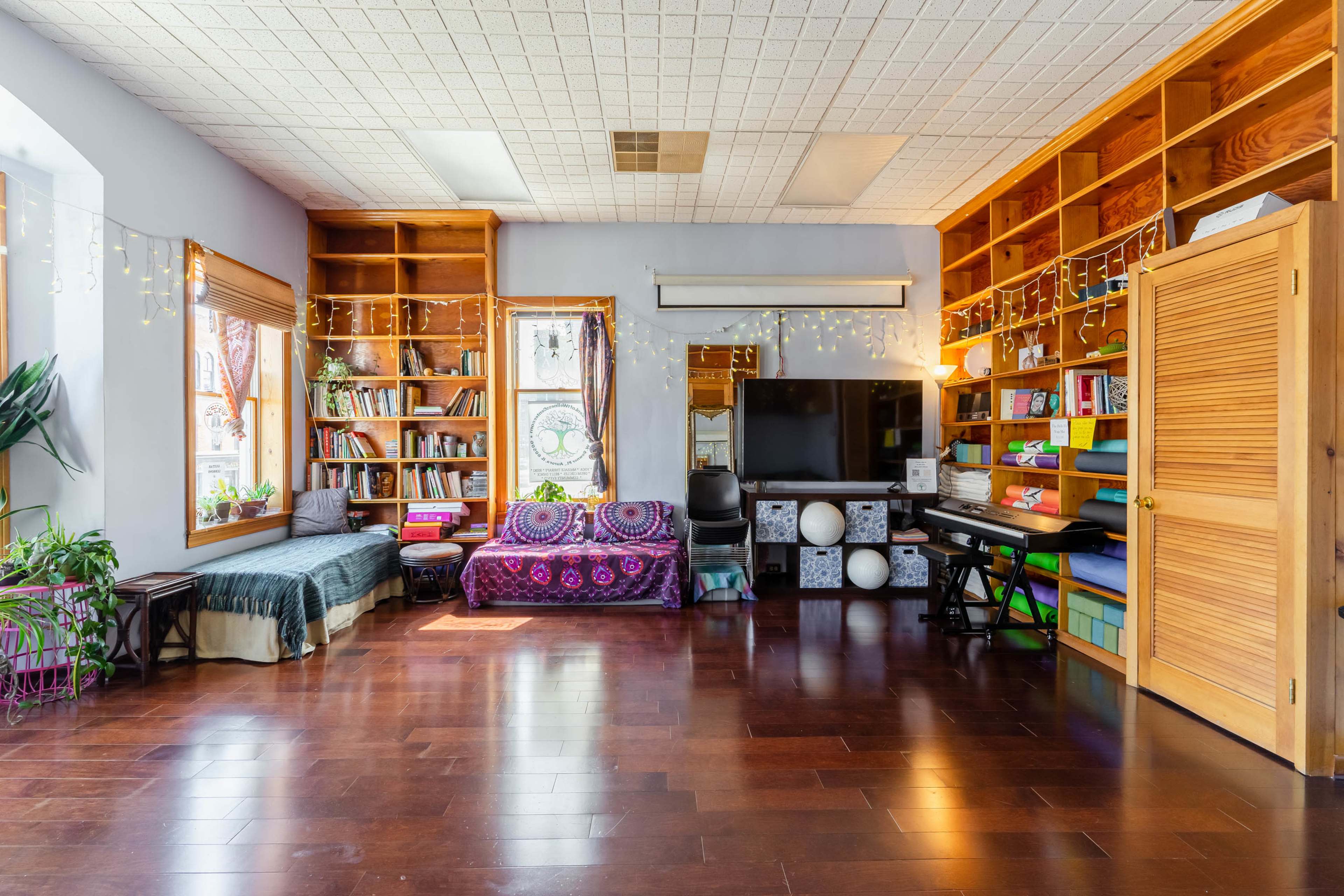 A spacious room with wooden shelves filled with books, a television, a piano, a colorful sofa, and plants near large windows.