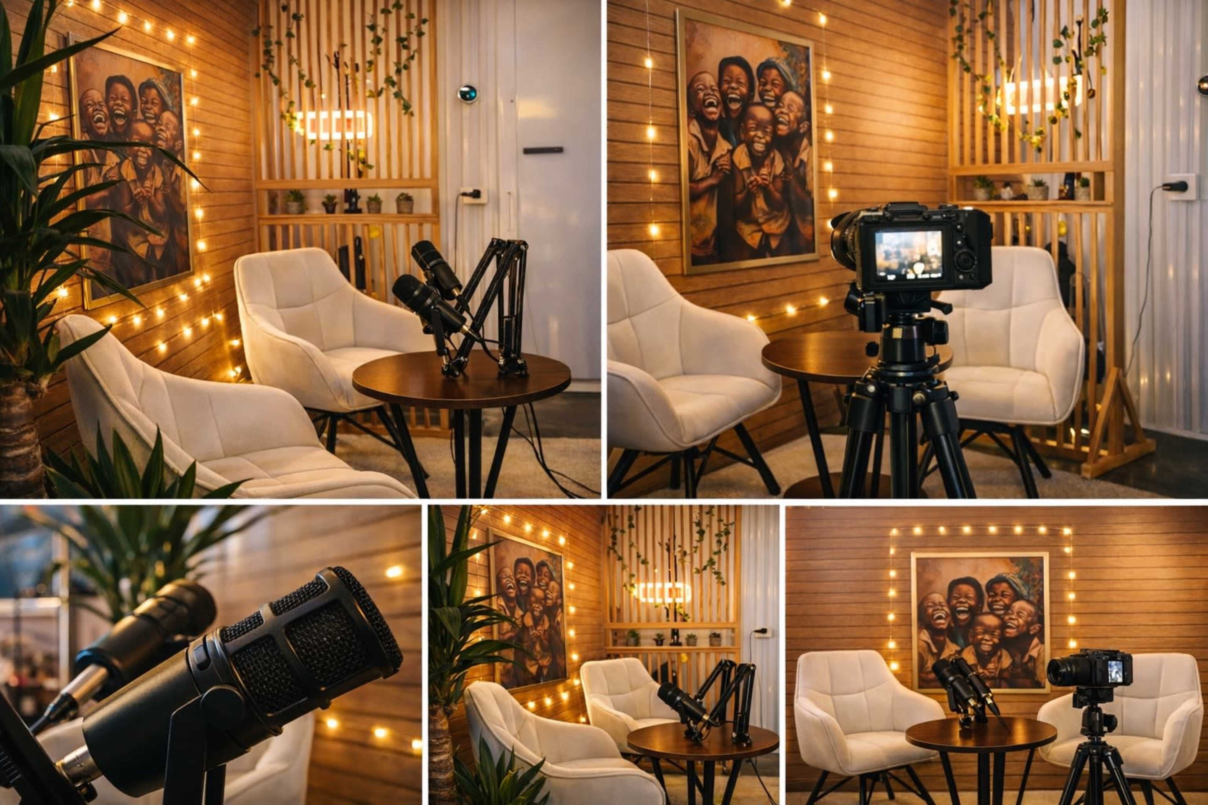 The image features a cozy studio setup with two white chairs, a round table, a camera on a tripod, and a wall adorned with illuminated art and greenery.