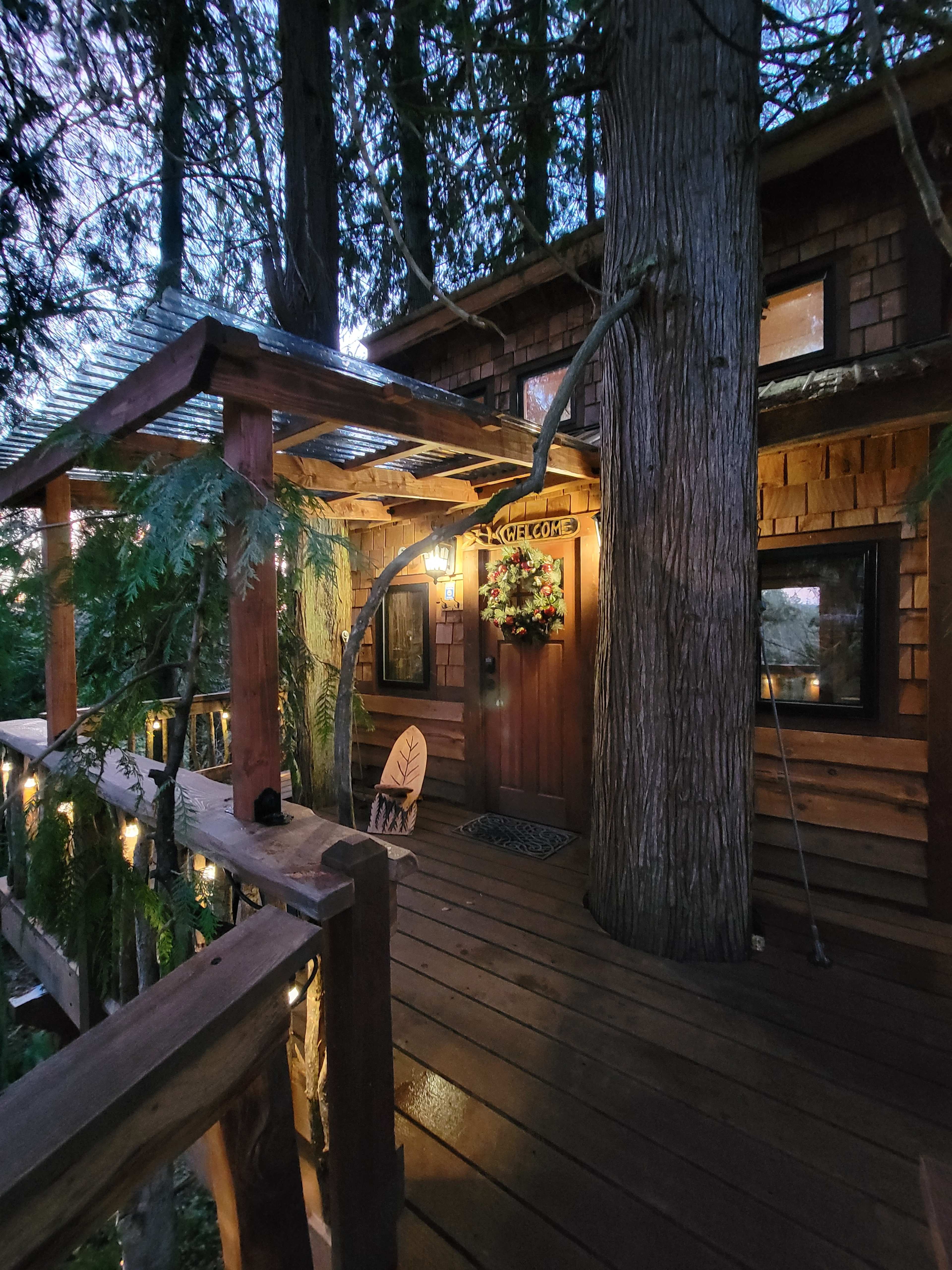 A wooden treehouse with a porch and steps nestled among tall trees, featuring a warmly lit front door decorated with a wreath.