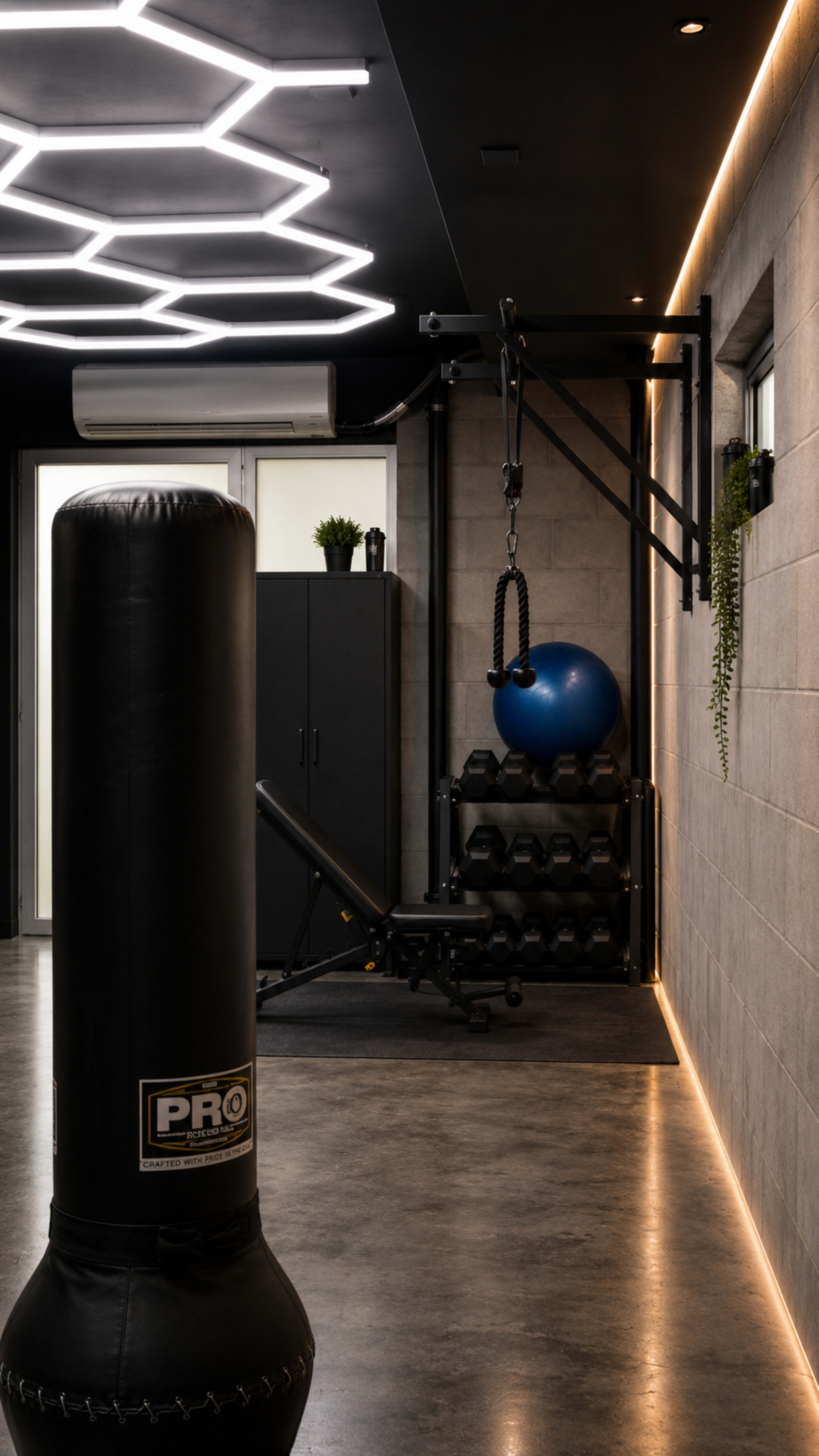The image shows a modern fitness room equipped with a punching bag, dumbbells, a blue exercise ball, and a weight bench against a gray wall, illuminated by geometric ceiling lights.