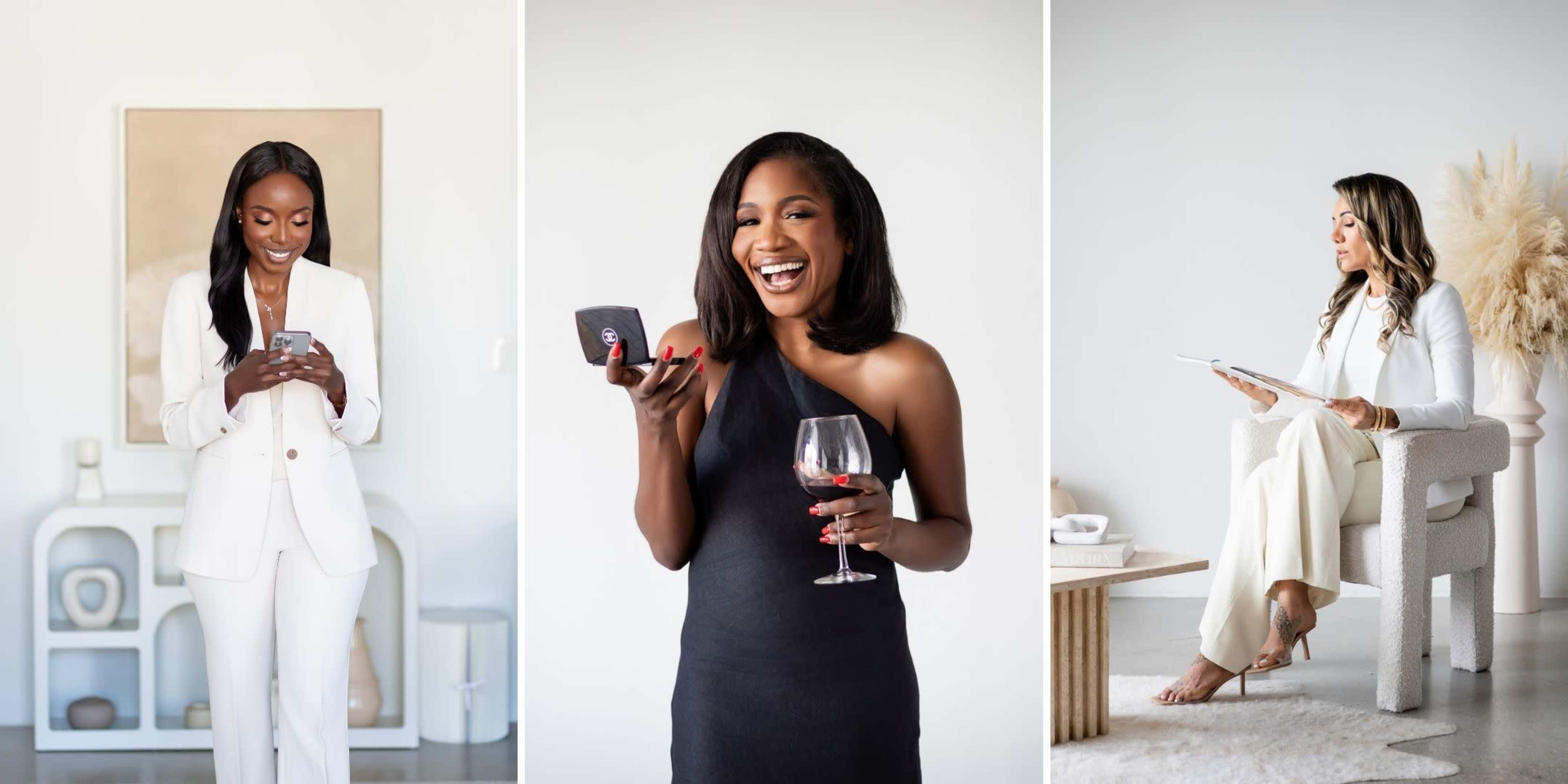 The image features three women in stylish outfits; one is smiling while holding a drink, another is using a smartphone, and the third is sitting and working on a tablet.