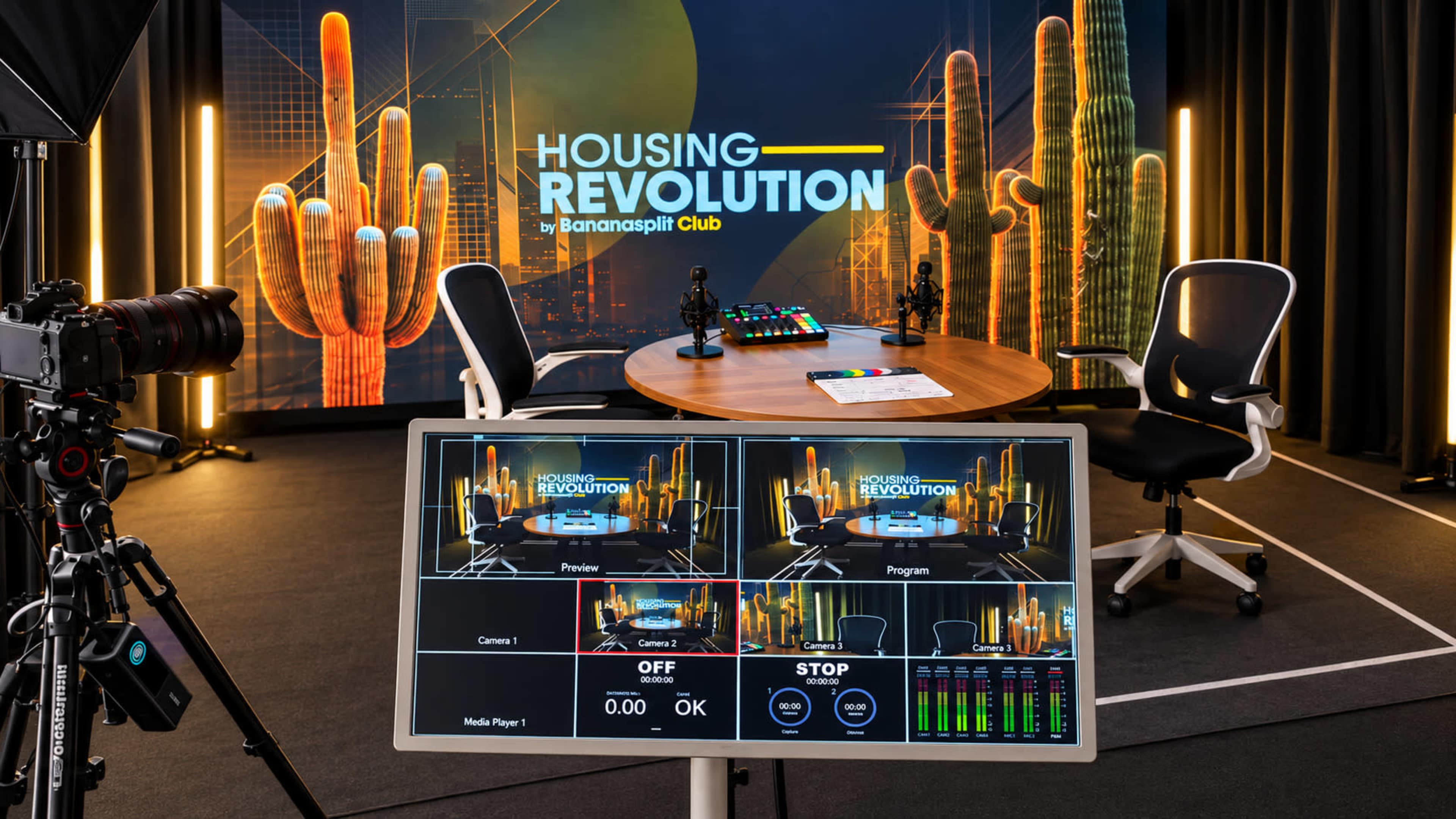 The image shows a modern studio setup for a show titled "Housing Revolution," featuring a large screen with graphics, a round table, two chairs, and production equipment including cameras and a control monitor.