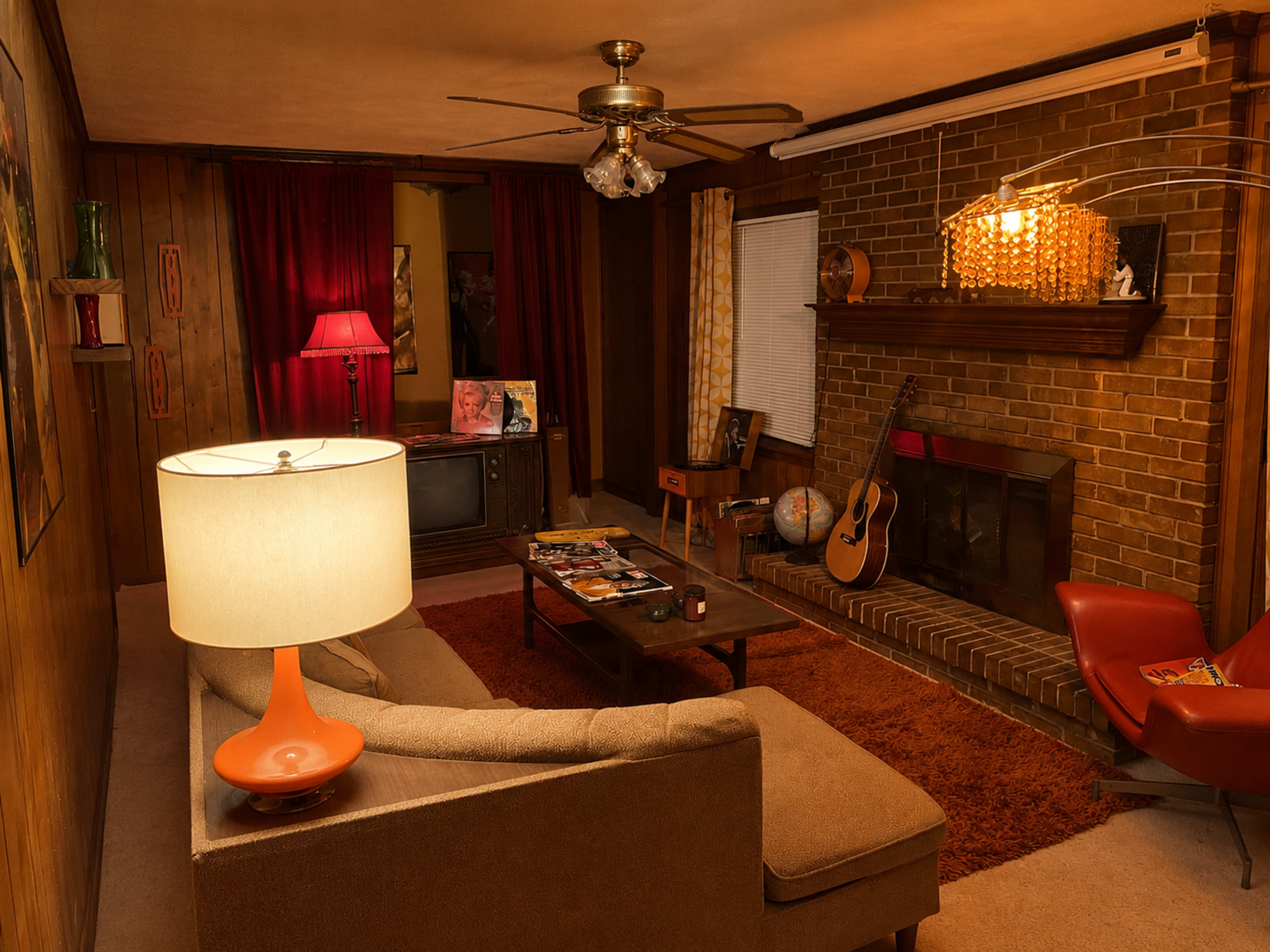 The image shows a retro-styled living room featuring a sofa, a coffee table, a guitar, a fireplace, and decorative lighting.