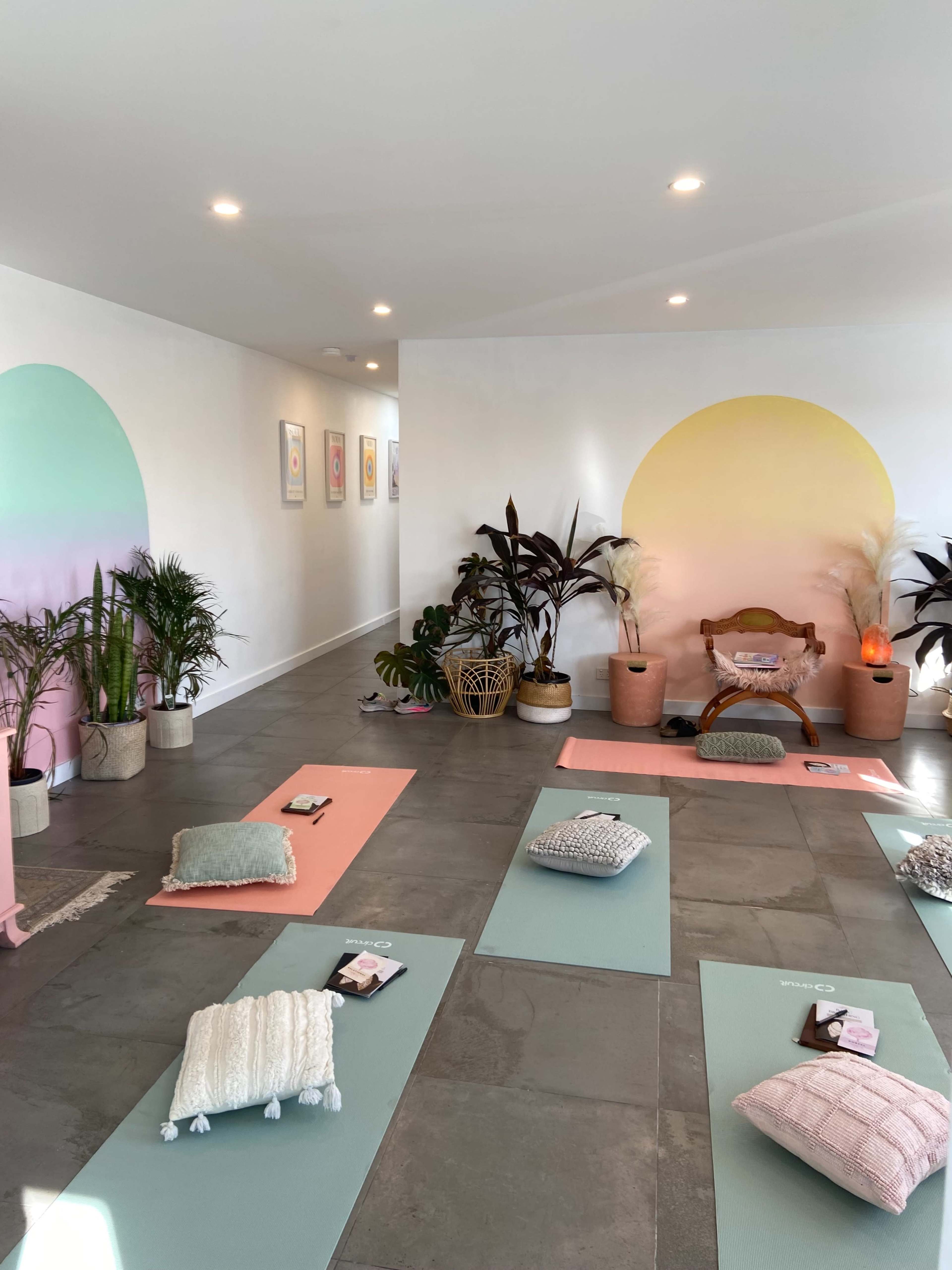 A serene yoga studio with neatly arranged mats, decorative pillows, and potted plants against a softly colored wall.