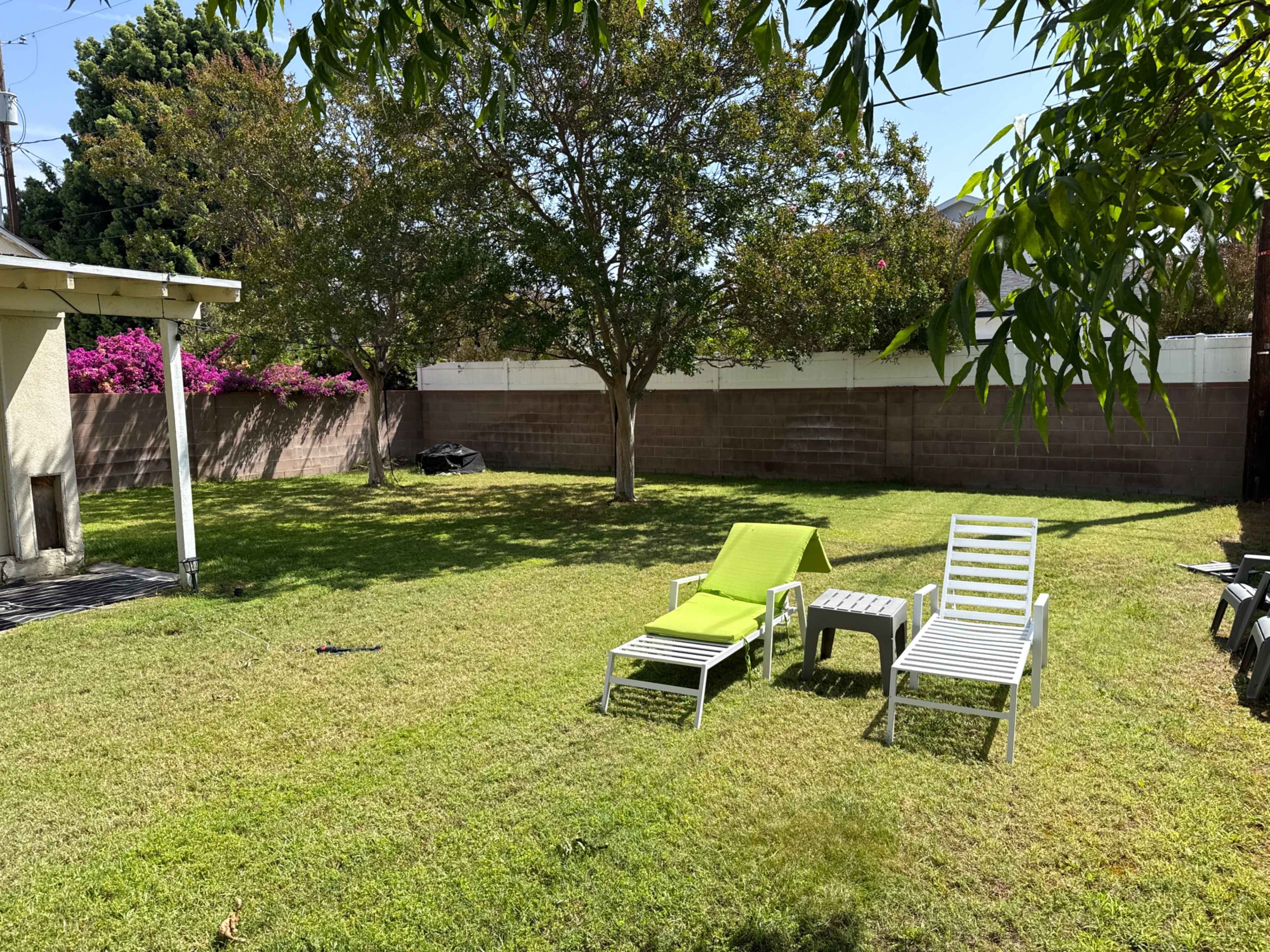 The image shows a grassy backyard with two lounge chairs, one green and one white, surrounded by trees and a wall with blooming flowers.