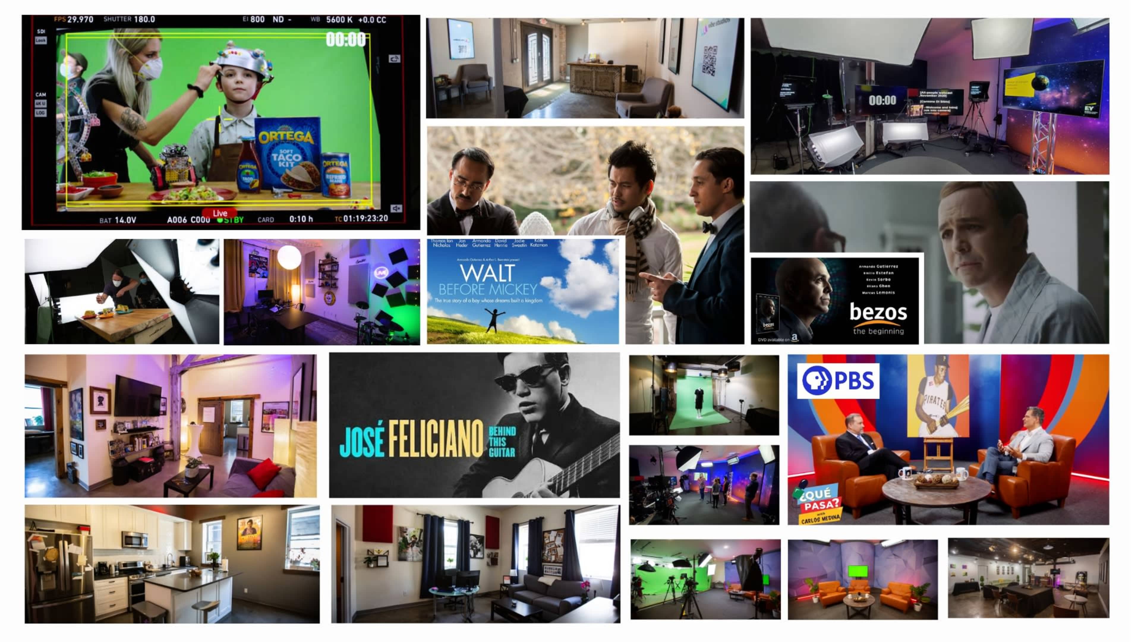 A collage of various scenes, including film sets, interviews, musical performances, and living spaces.