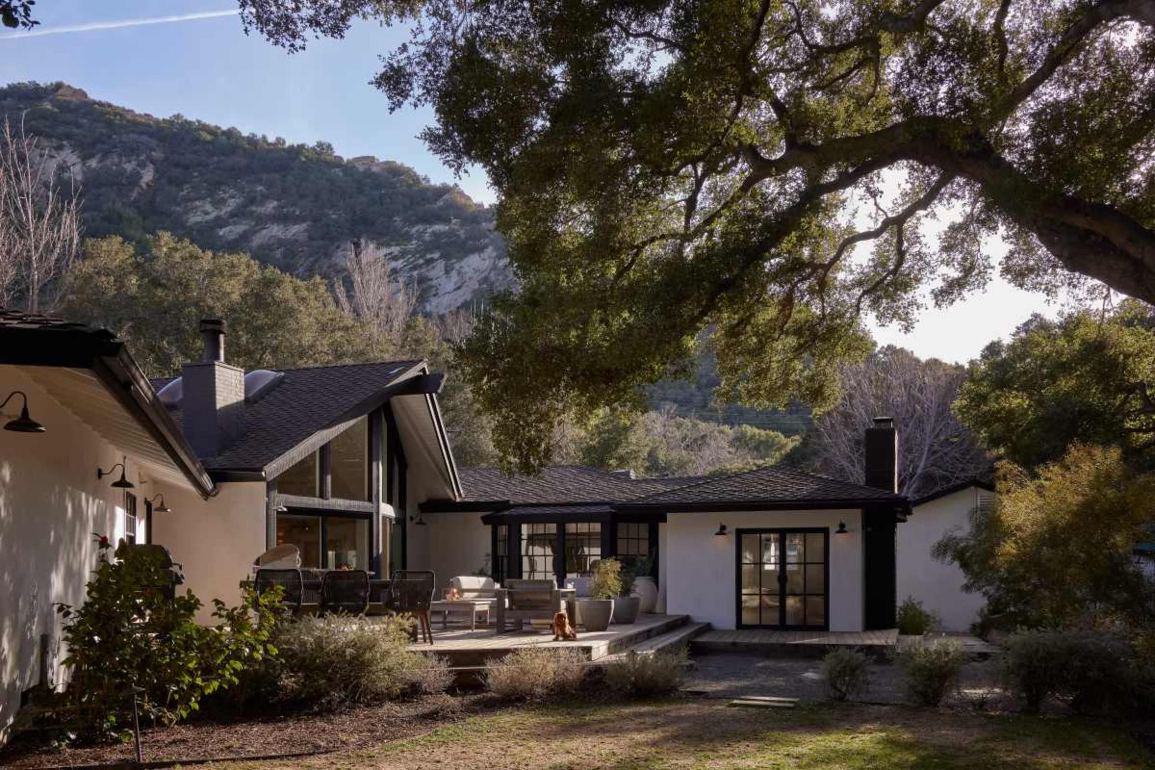 A modern house with large windows sits under a tree, surrounded by a landscaped yard and mountains in the background.