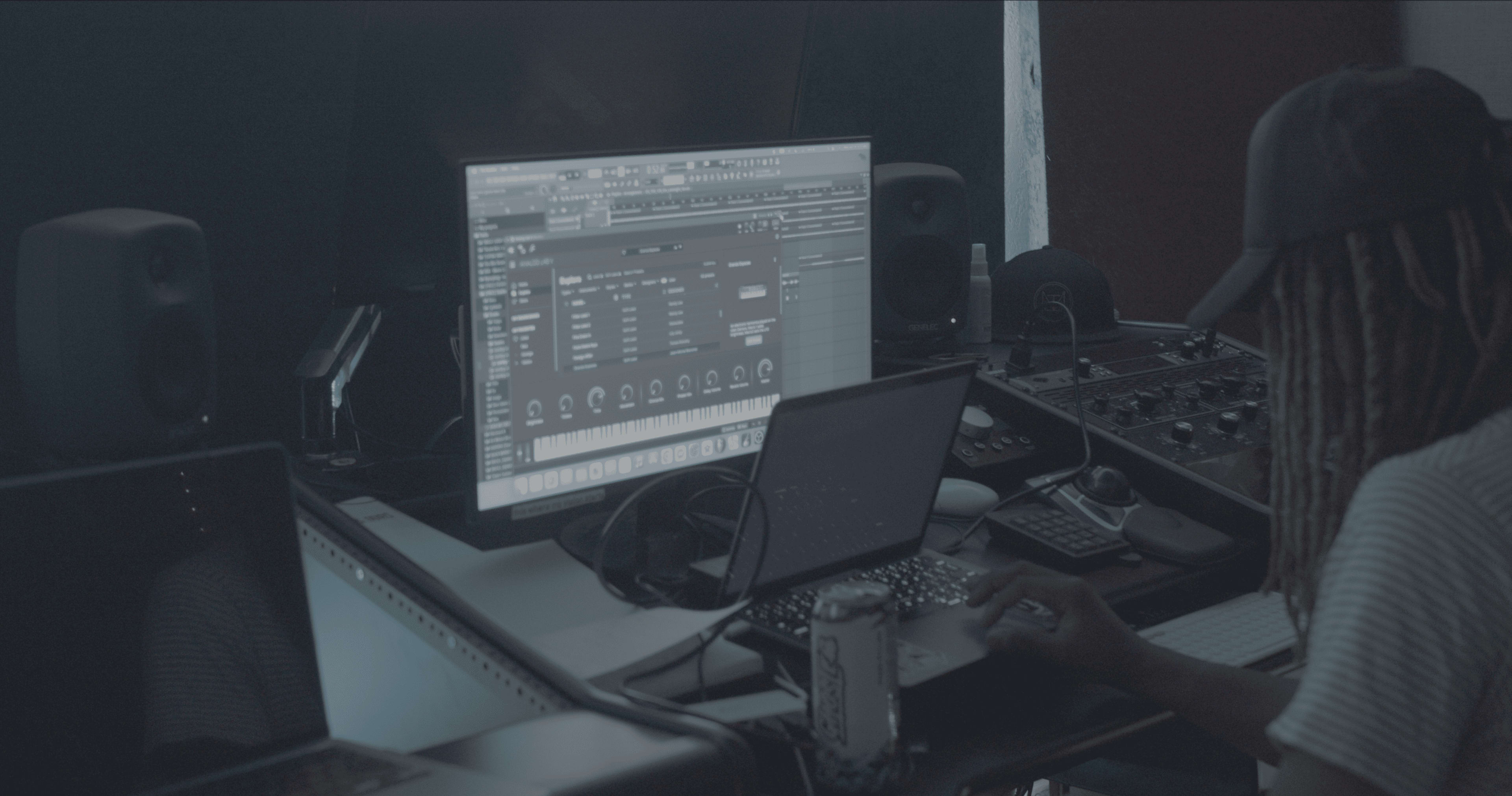 A person with braided hair works on music production at a cluttered recording studio desk with multiple screens and audio equipment.