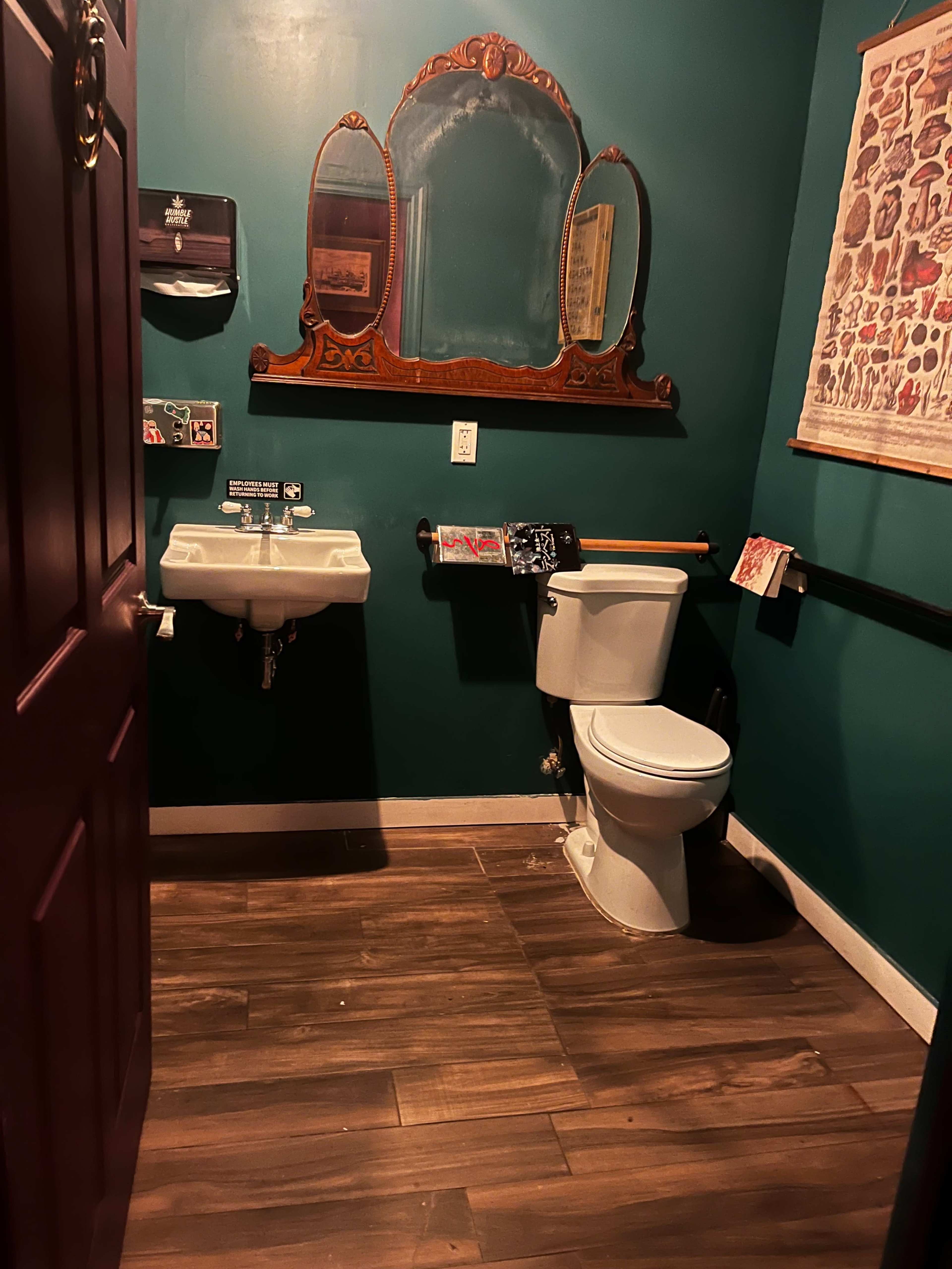 The image shows a small bathroom with a green wall, a white sink and toilet, a decorative mirror, and wooden flooring.