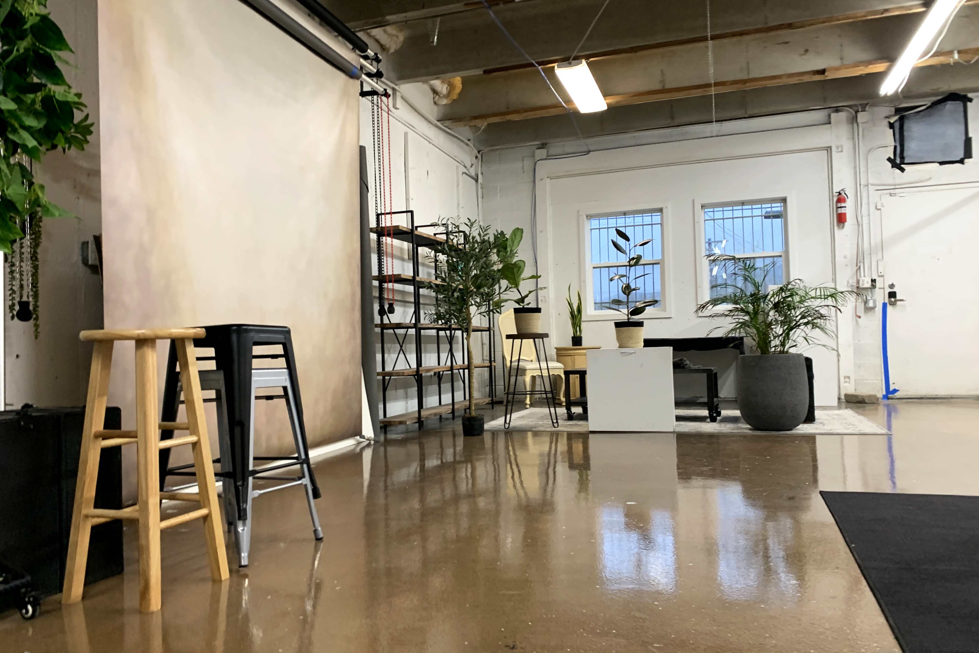 The image shows a spacious indoor photography studio featuring plants, seating, and a backdrop on one side.