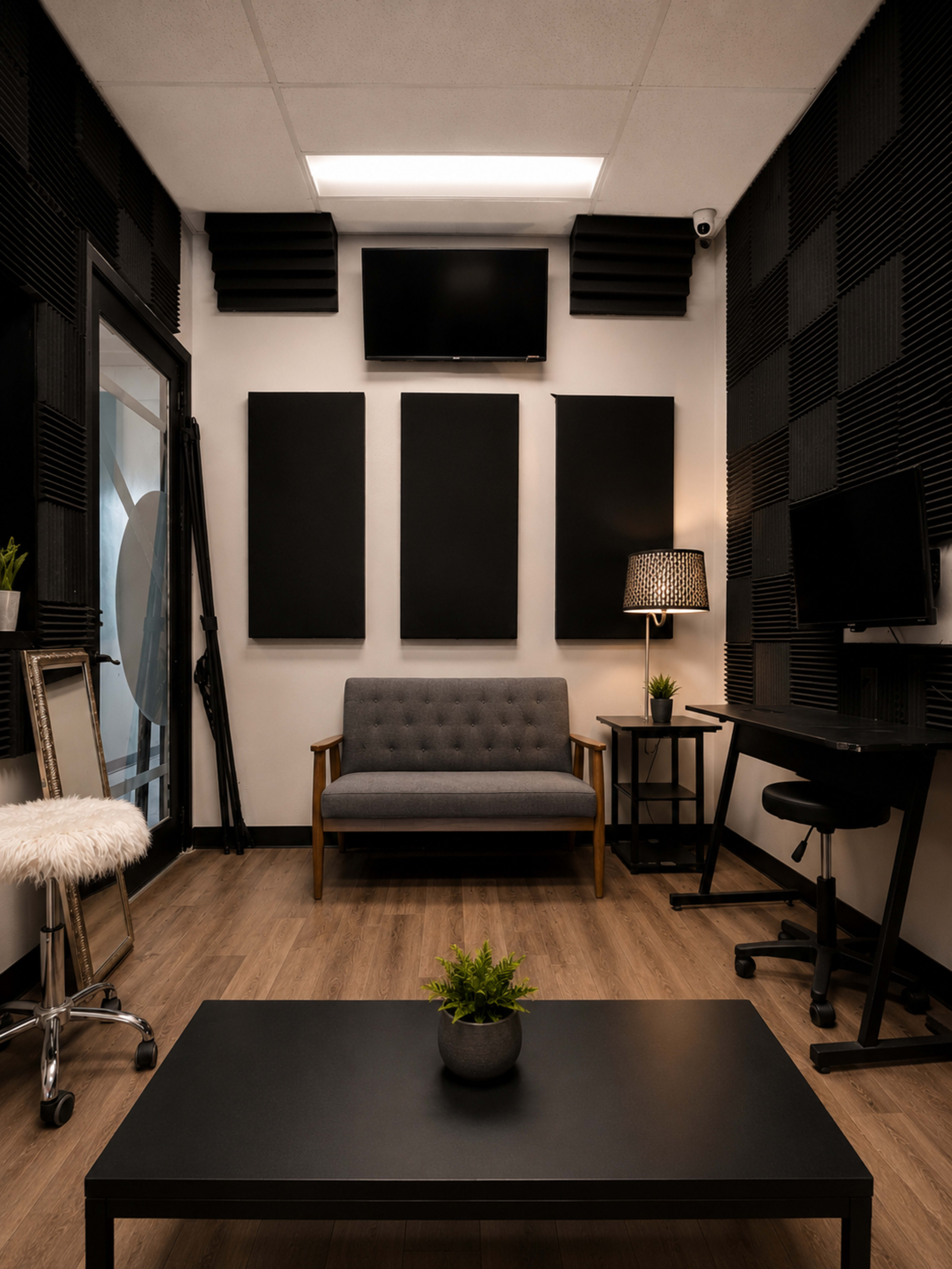 The image shows a small, modern audio recording studio with soundproofing panels on the walls, a sofa, a coffee table with a plant, and a desk with a monitor.