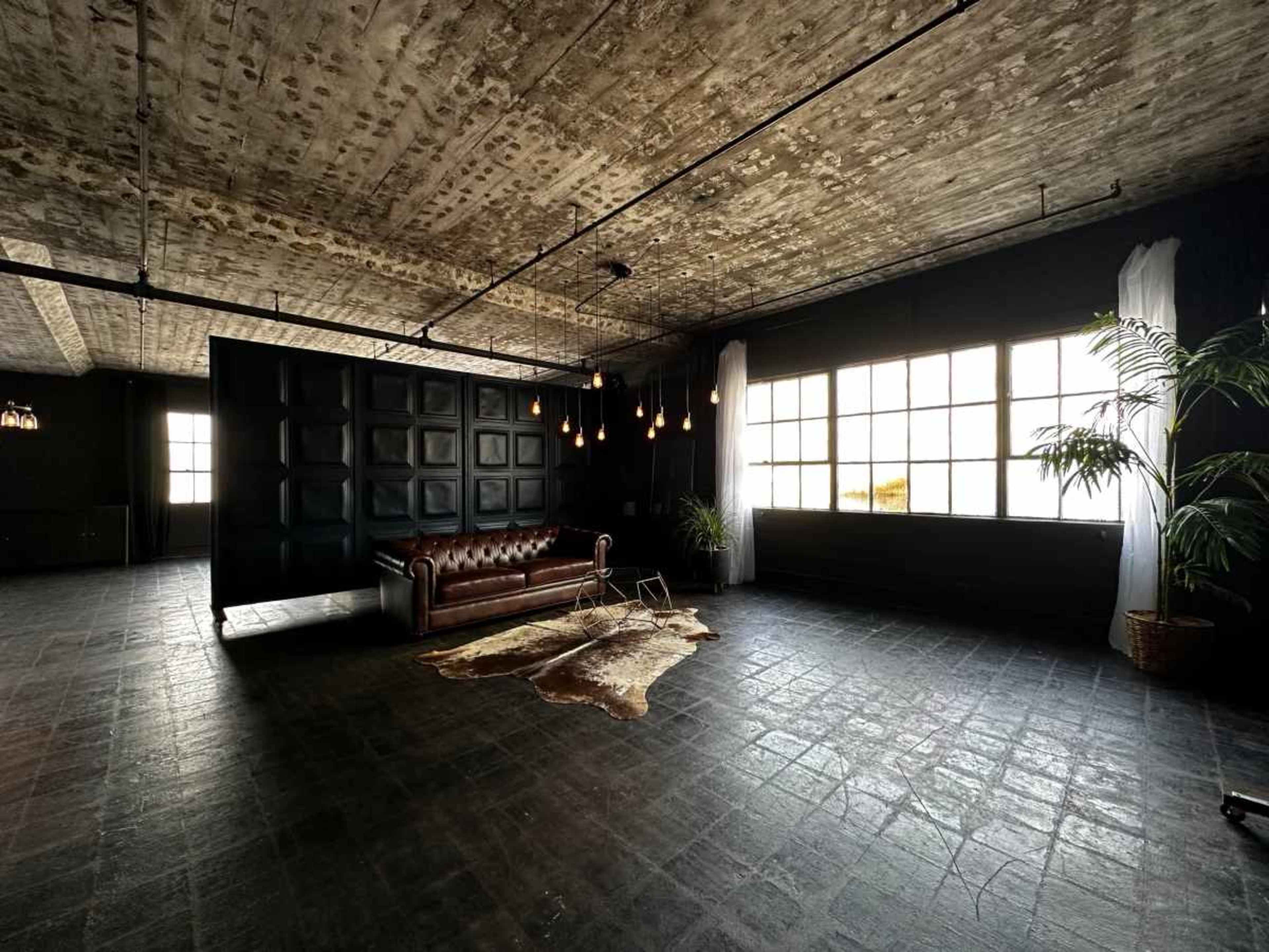 The image shows a spacious, industrial-style room featuring a leather couch, a decorative rug, large windows, and potted plants.