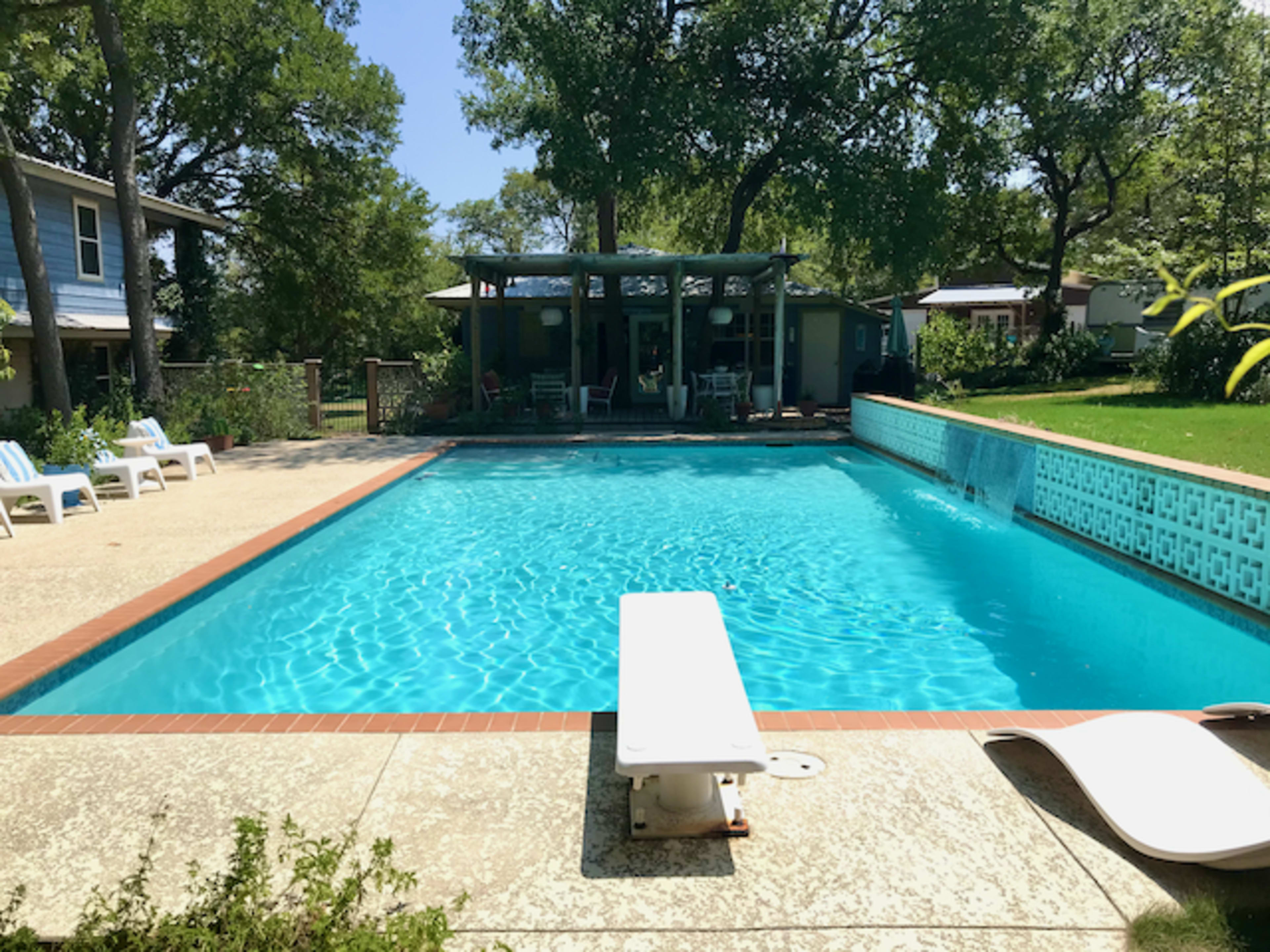 An Eclectic "Austin-tatious"  Large Retro Pool and Gameroom in a spacious private Southwest Austin country setting. Image in Oak Hill, Austin, TX