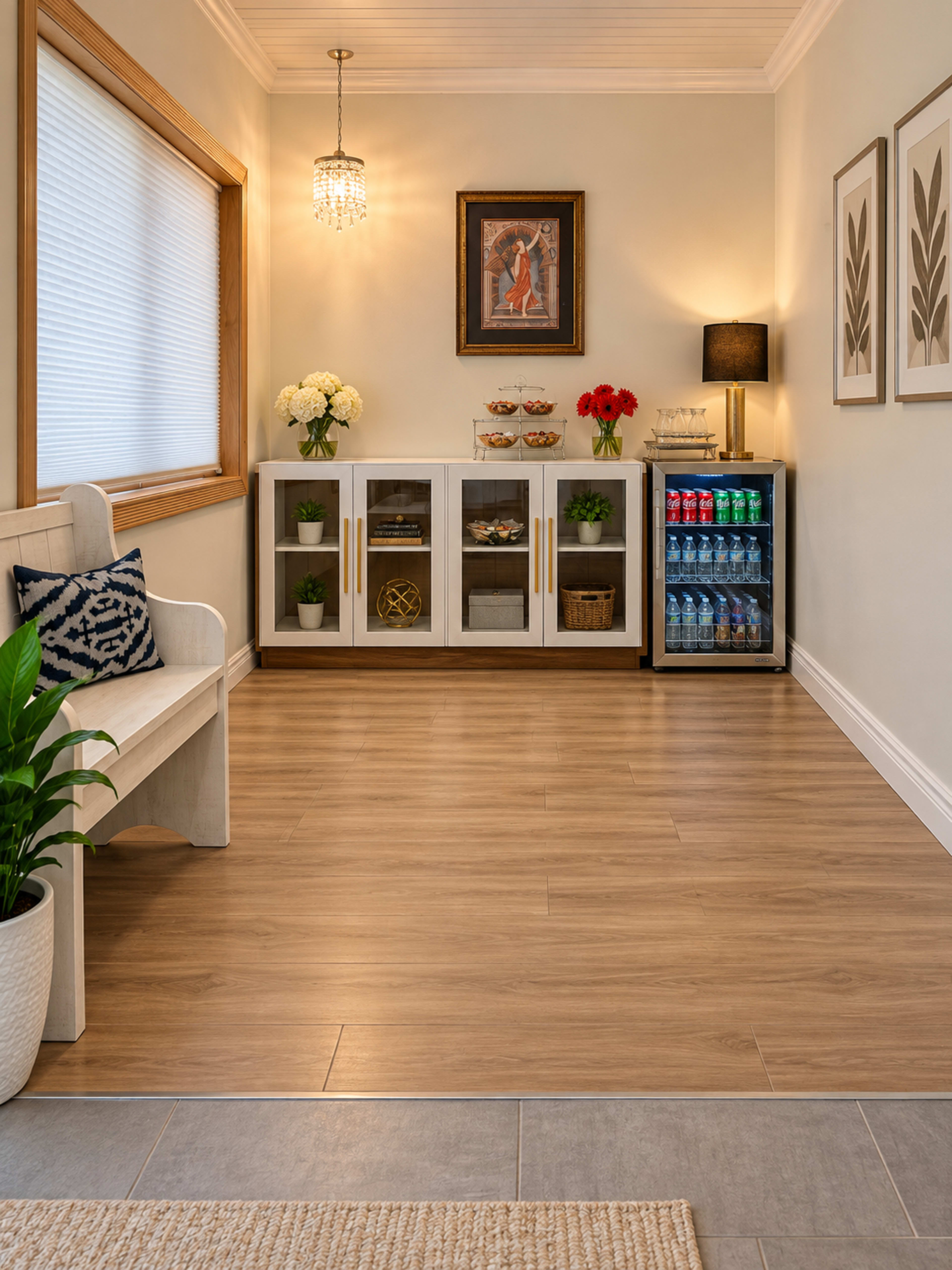 The image shows a well-lit interior space featuring a bench, decorative cabinets, a mini-fridge, and framed artwork on the walls.