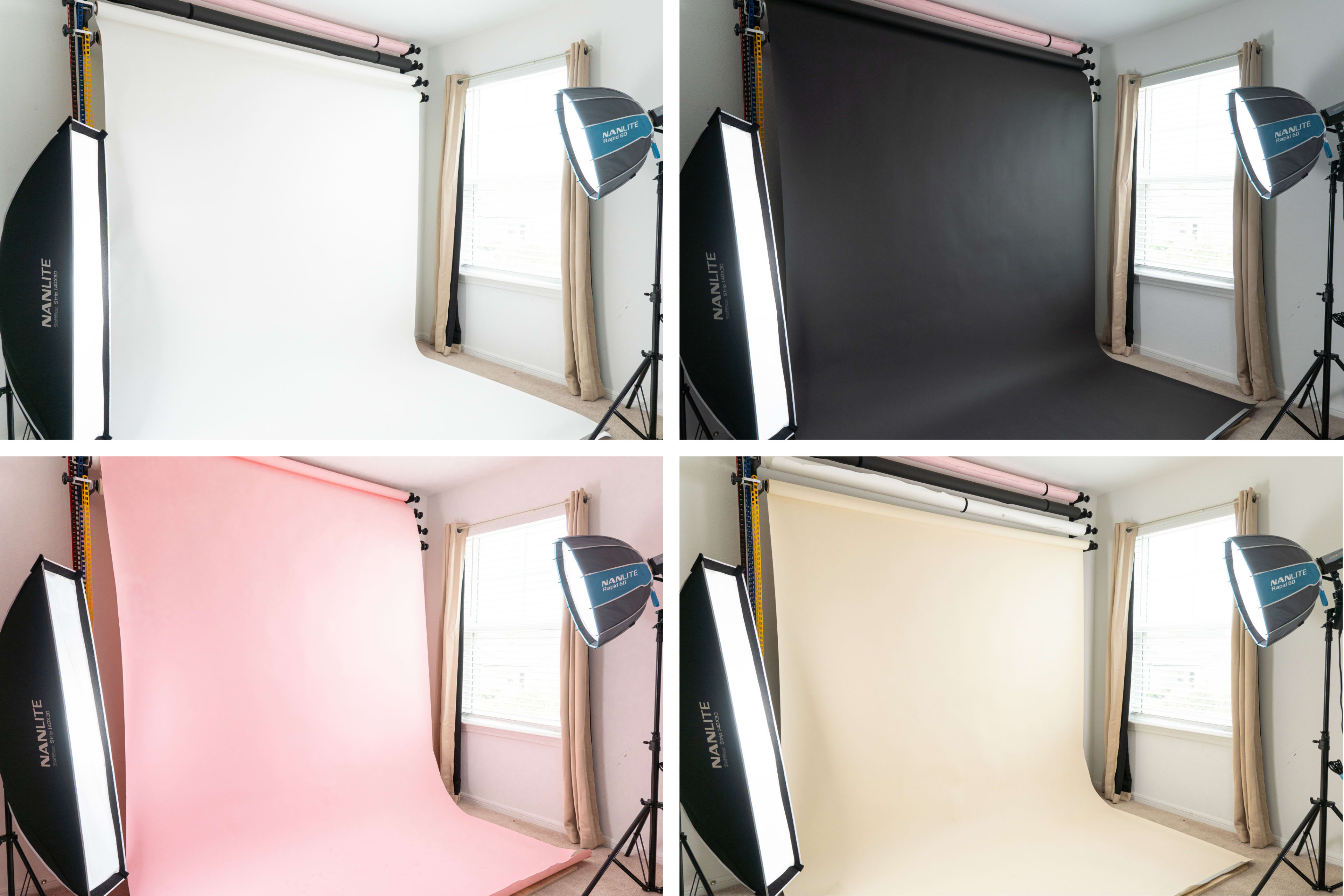 The image shows a studio setting with four different backdrop colors—white, black, pink, and beige—each paired with photography lighting equipment.