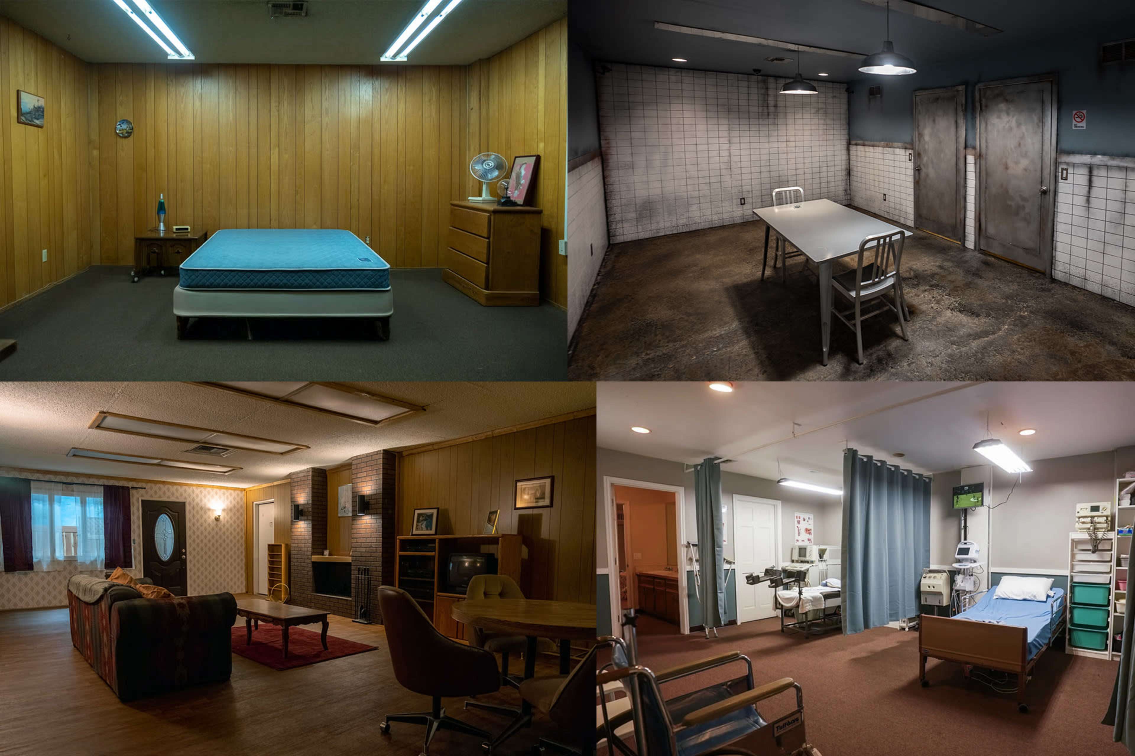 The image displays four different rooms: a sparsely furnished bedroom with a single bed, a stark interrogation room with a table and metal chairs, a cozy living room with a sofa and a coffee table, and a hospital room equipped with medical equipment and a bed.