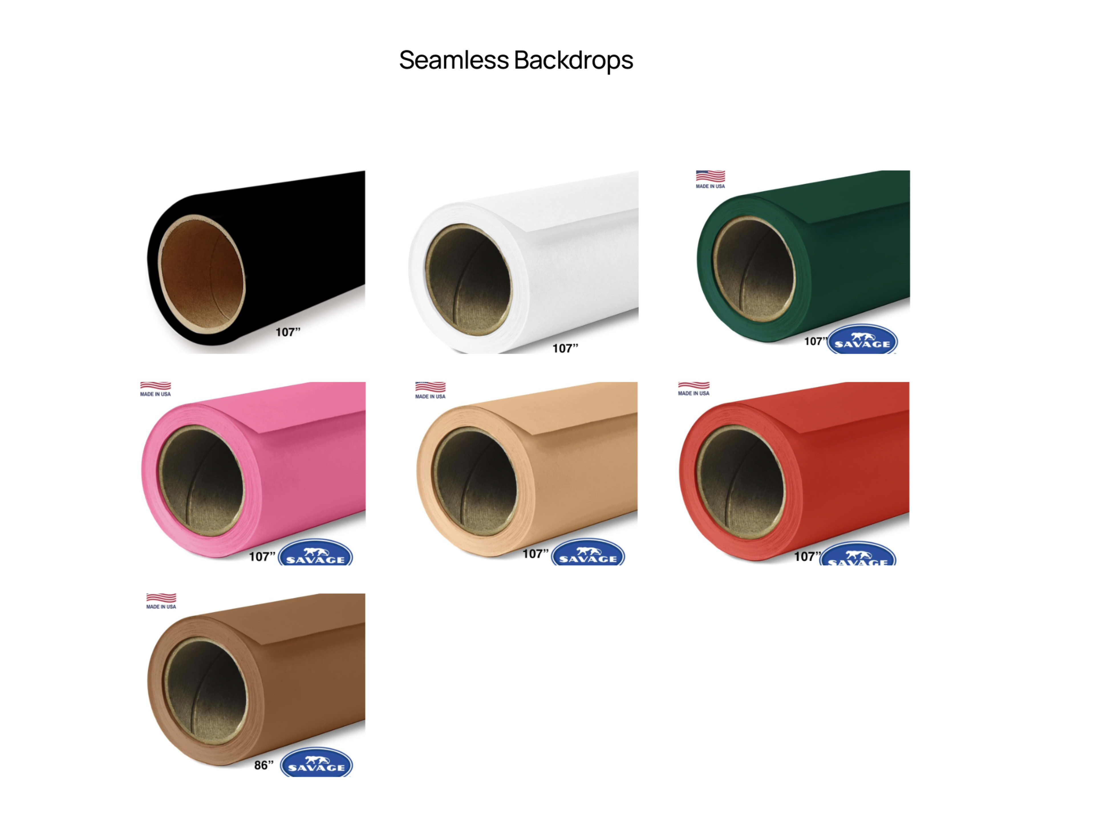 The image displays a selection of seamless backdrop rolls in various colors, including black, white, green, pink, and two shades of brown, with the dimensions of each roll labeled as 107 inches.