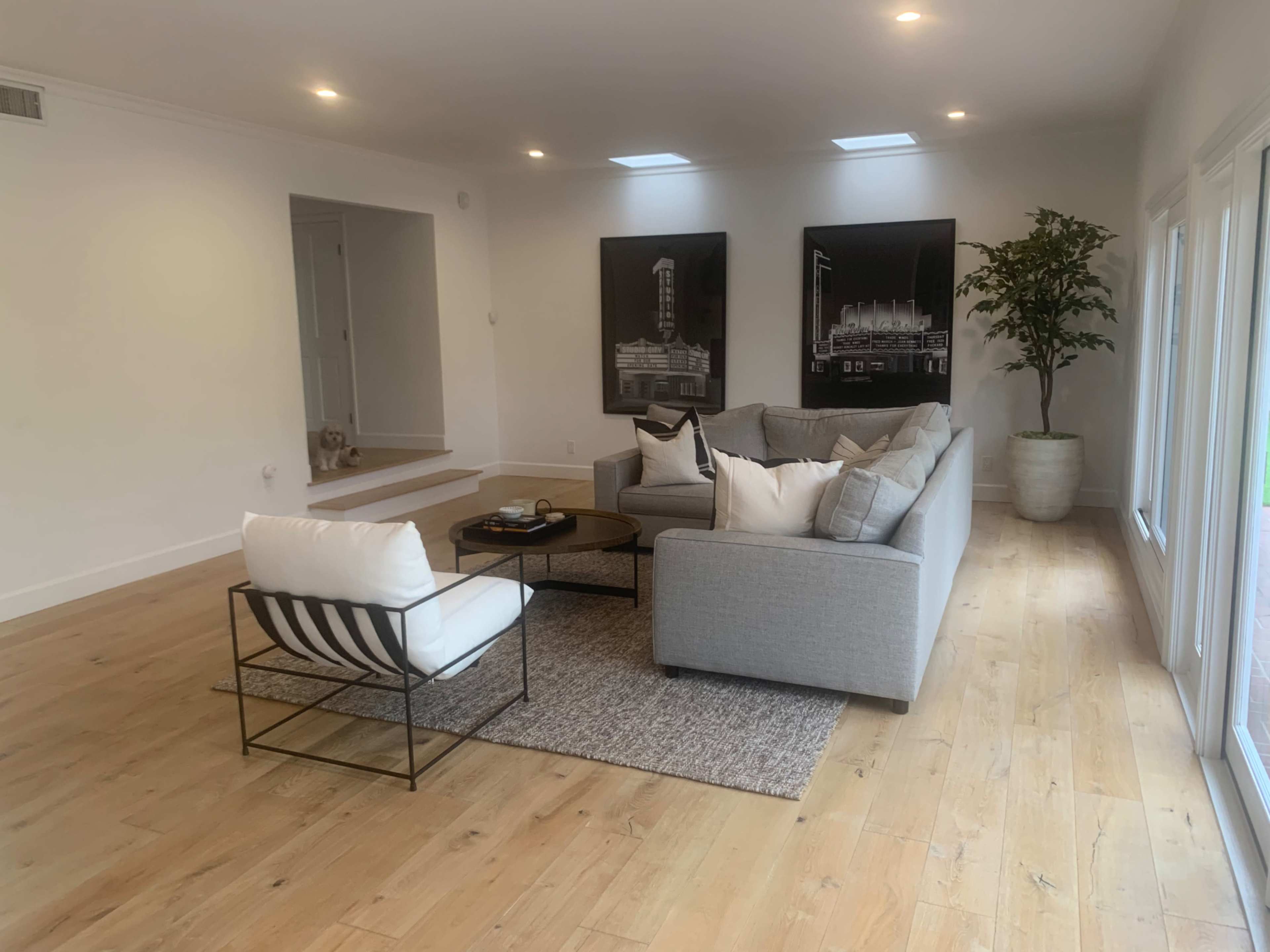 The image shows a spacious, modern living room featuring a gray sofa, a round wooden coffee table, and a striped accent chair, with large windows allowing natural light to enter.