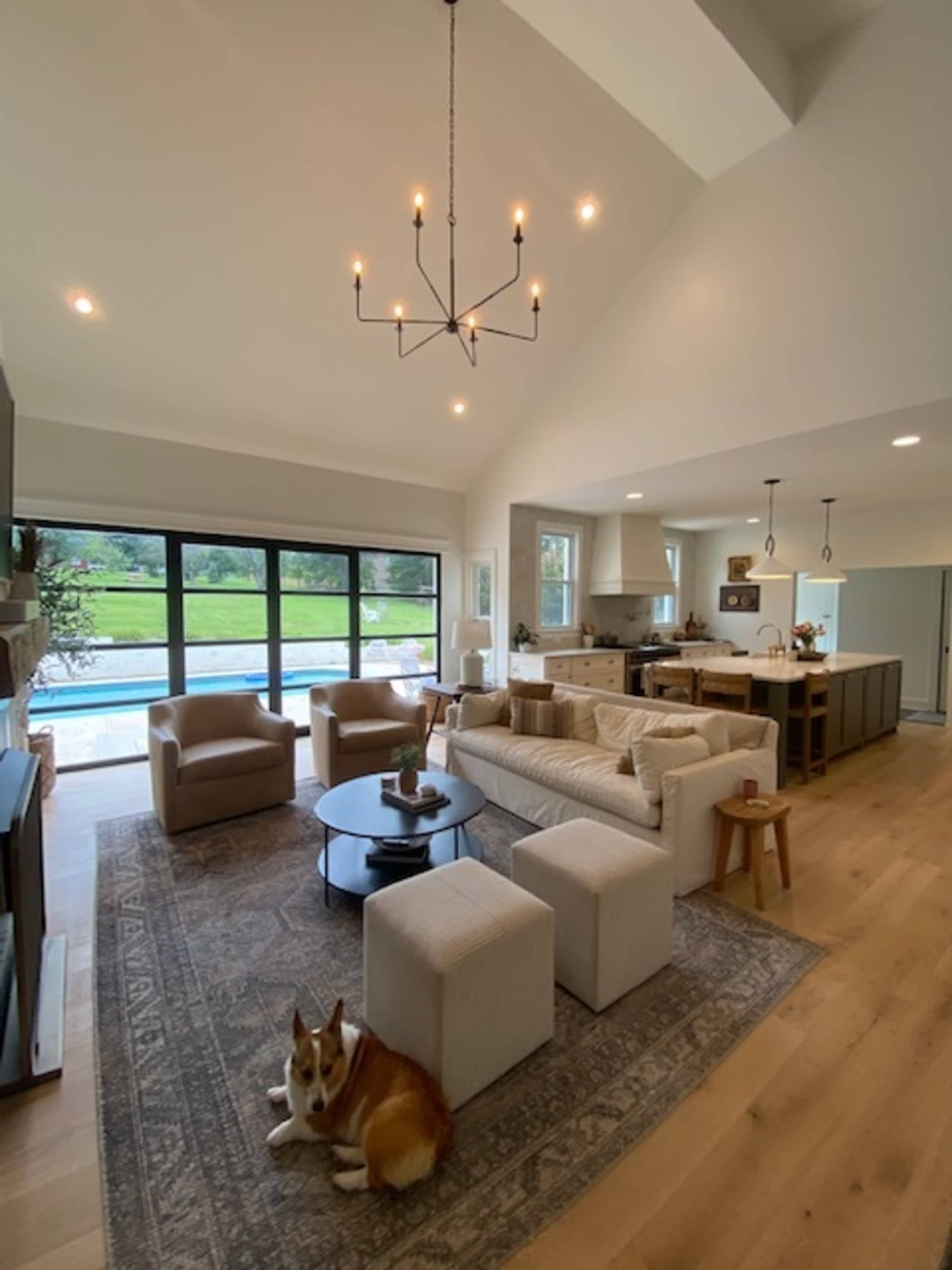 A spacious living room features a chandelier overhead, a circular coffee table, and a dog resting on a patterned rug, with large windows overlooking a green landscape.