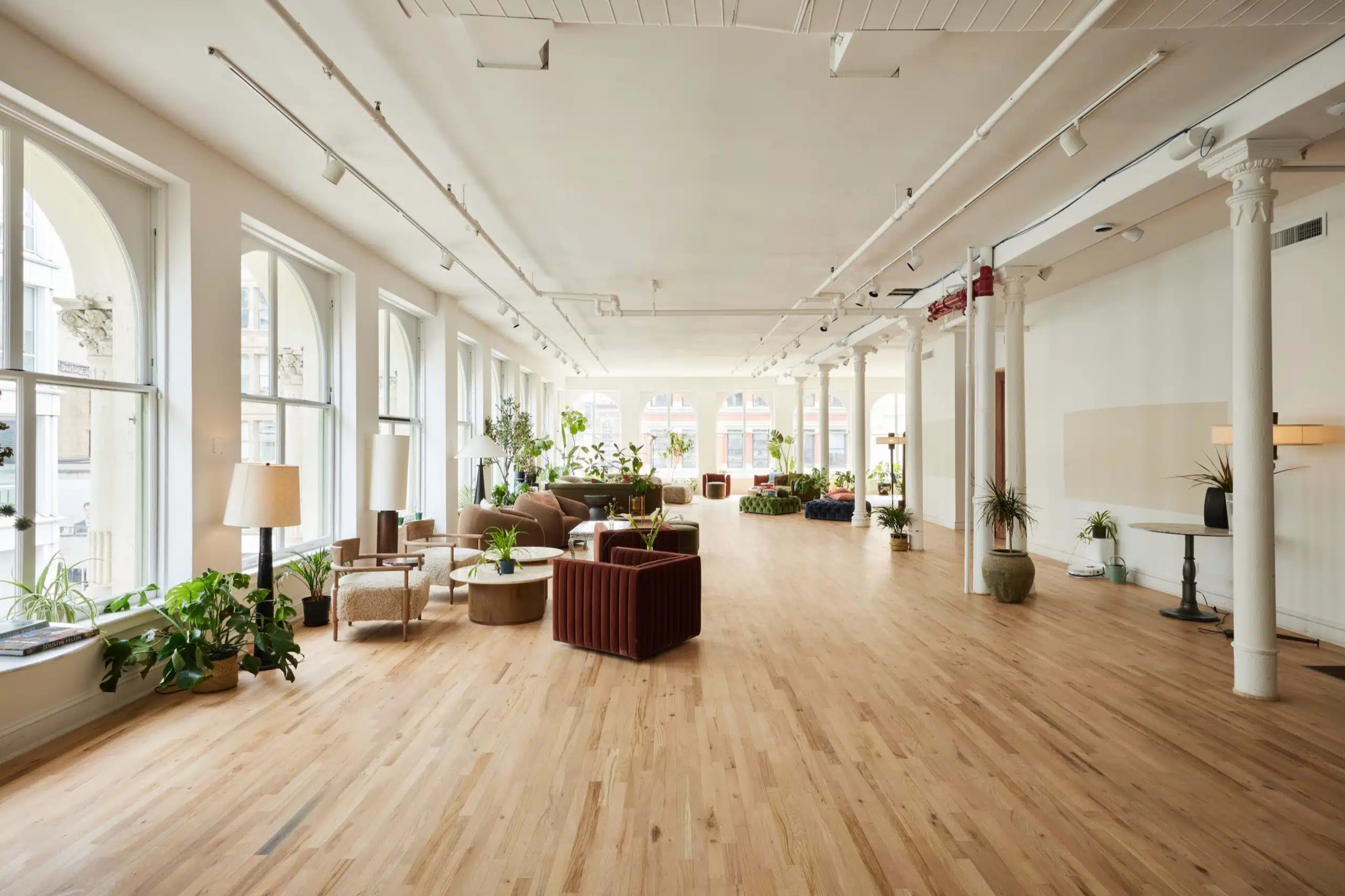 The image shows a spacious, well-lit room with large windows, wooden flooring, and various plants and seating arrangements.