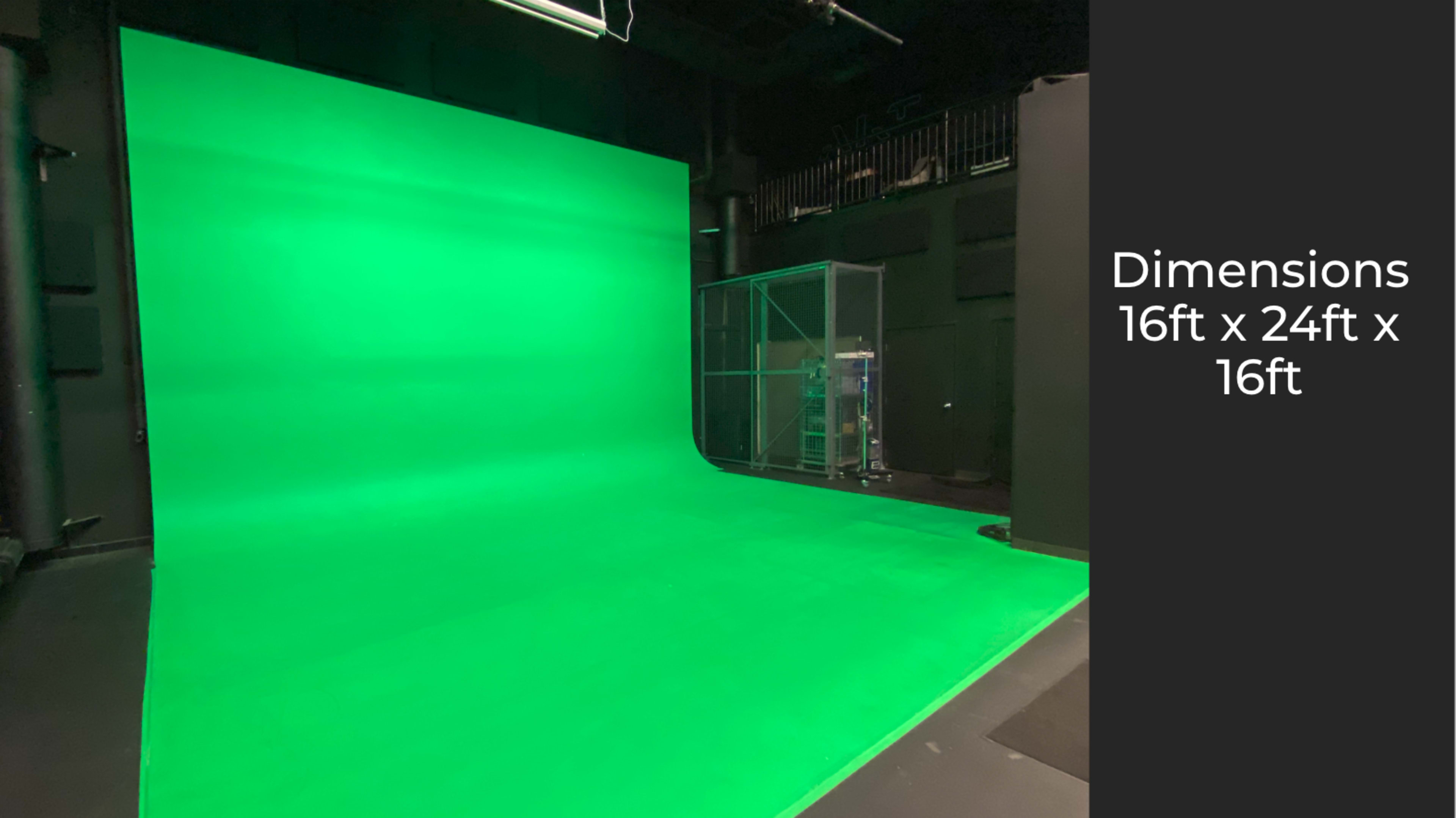 The image shows a green screen setup in a studio, with dimensions of 16 feet by 24 feet by 16 feet.