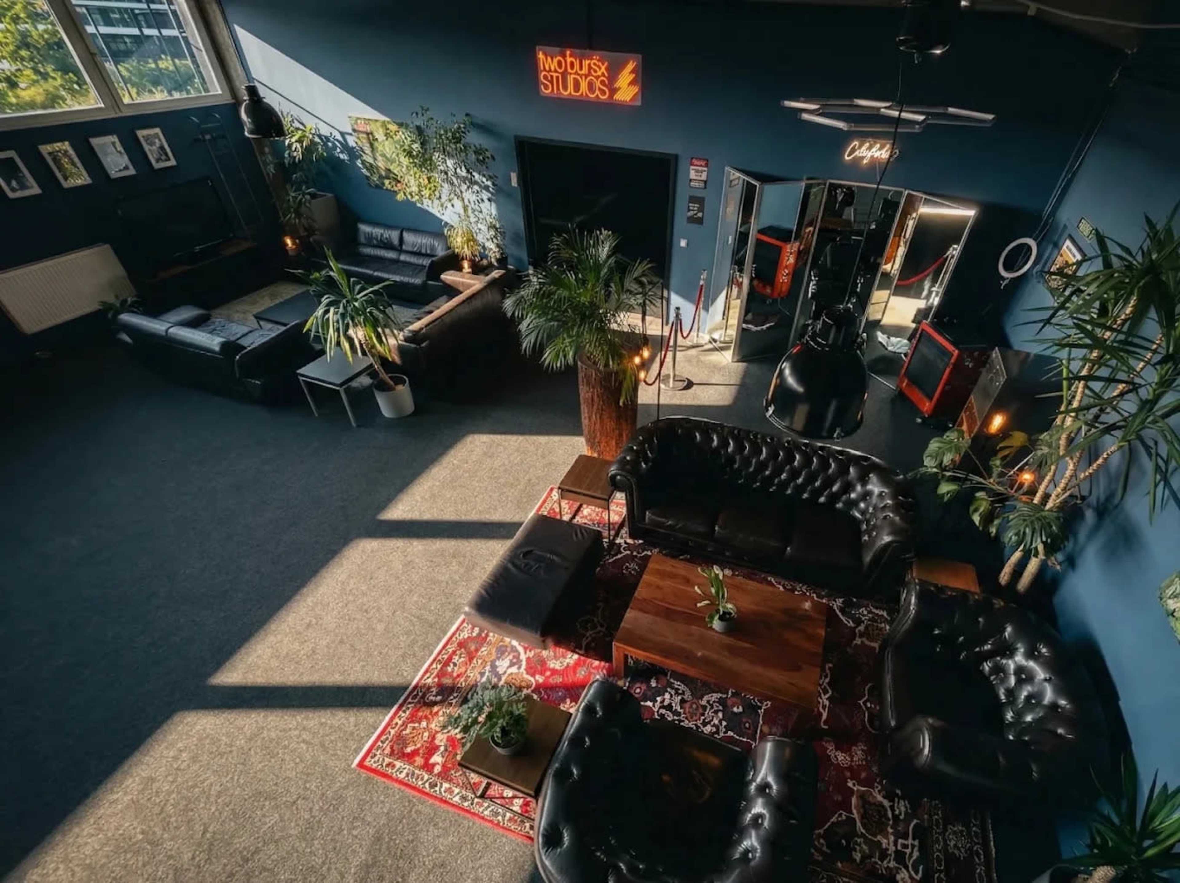 The image shows a spacious studio lounge area with black leather sofas, a large wooden coffee table, and potted plants, illuminated by natural light through large windows.