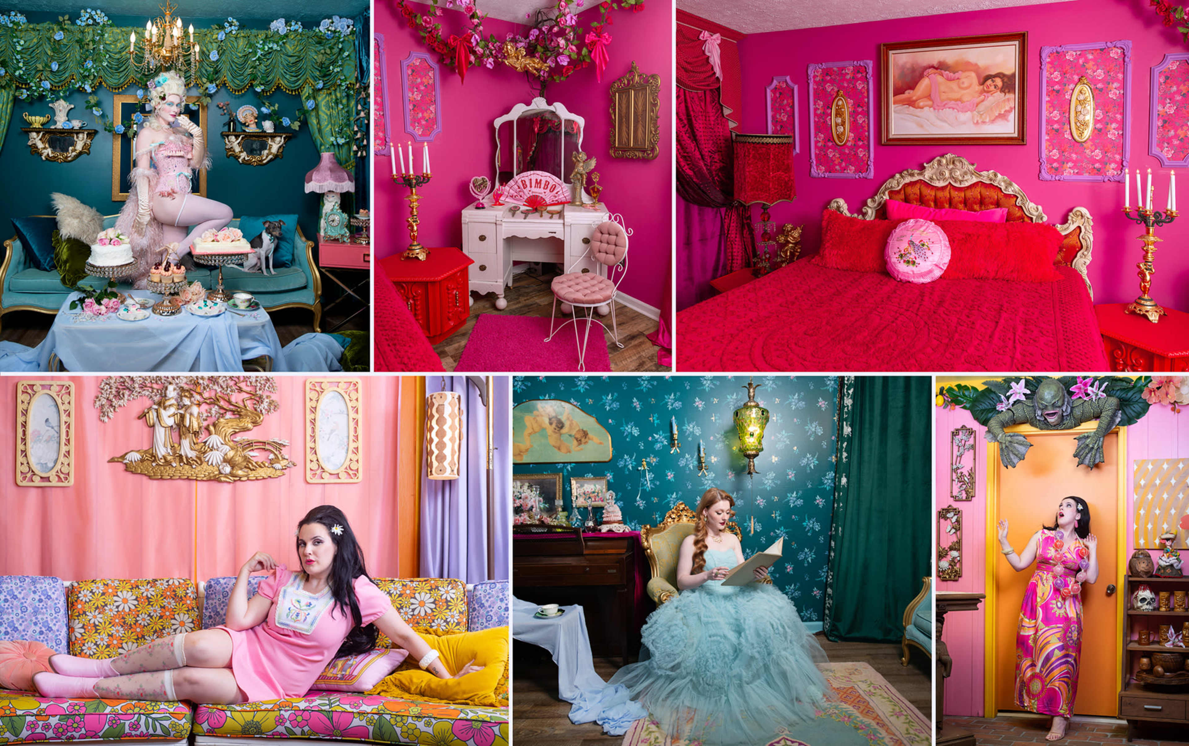 The image features a collage of brightly decorated rooms with vibrant colors, showcasing various women posing in playful and whimsical settings with luxurious furnishings and accessories.