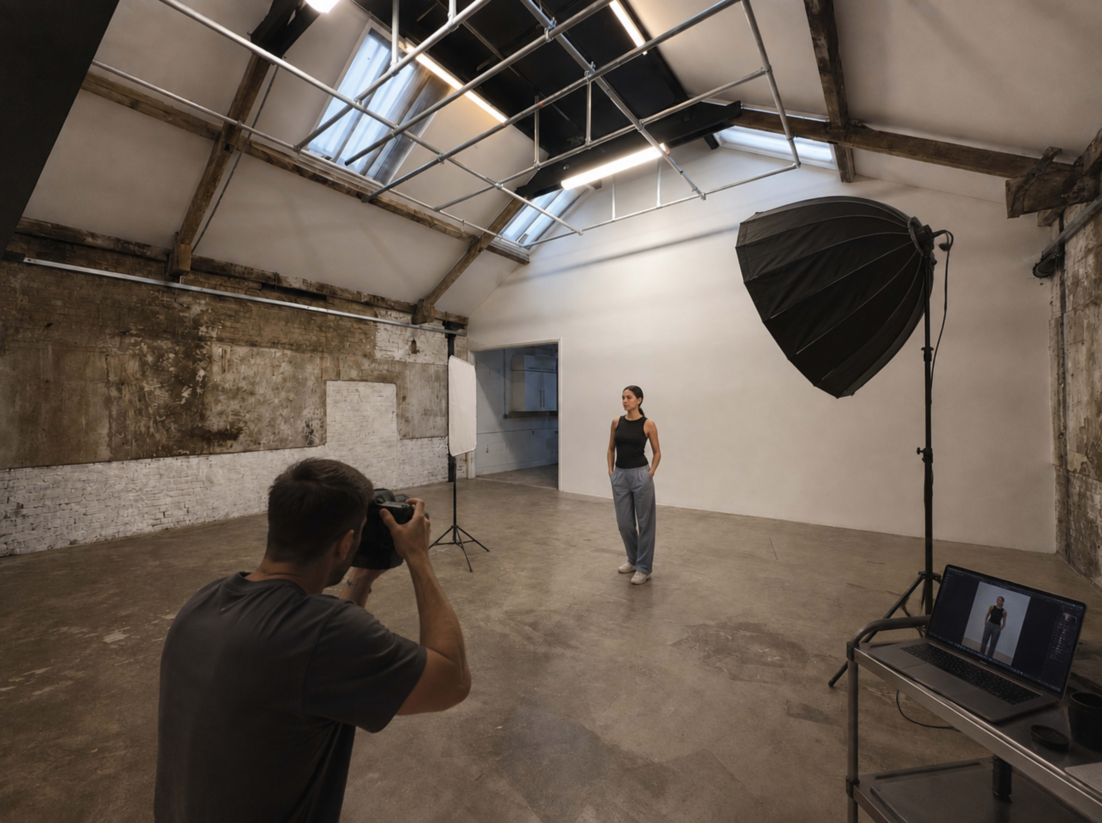 A photographer is taking a portrait of a model in a spacious, well-lit studio with exposed beams and large windows.