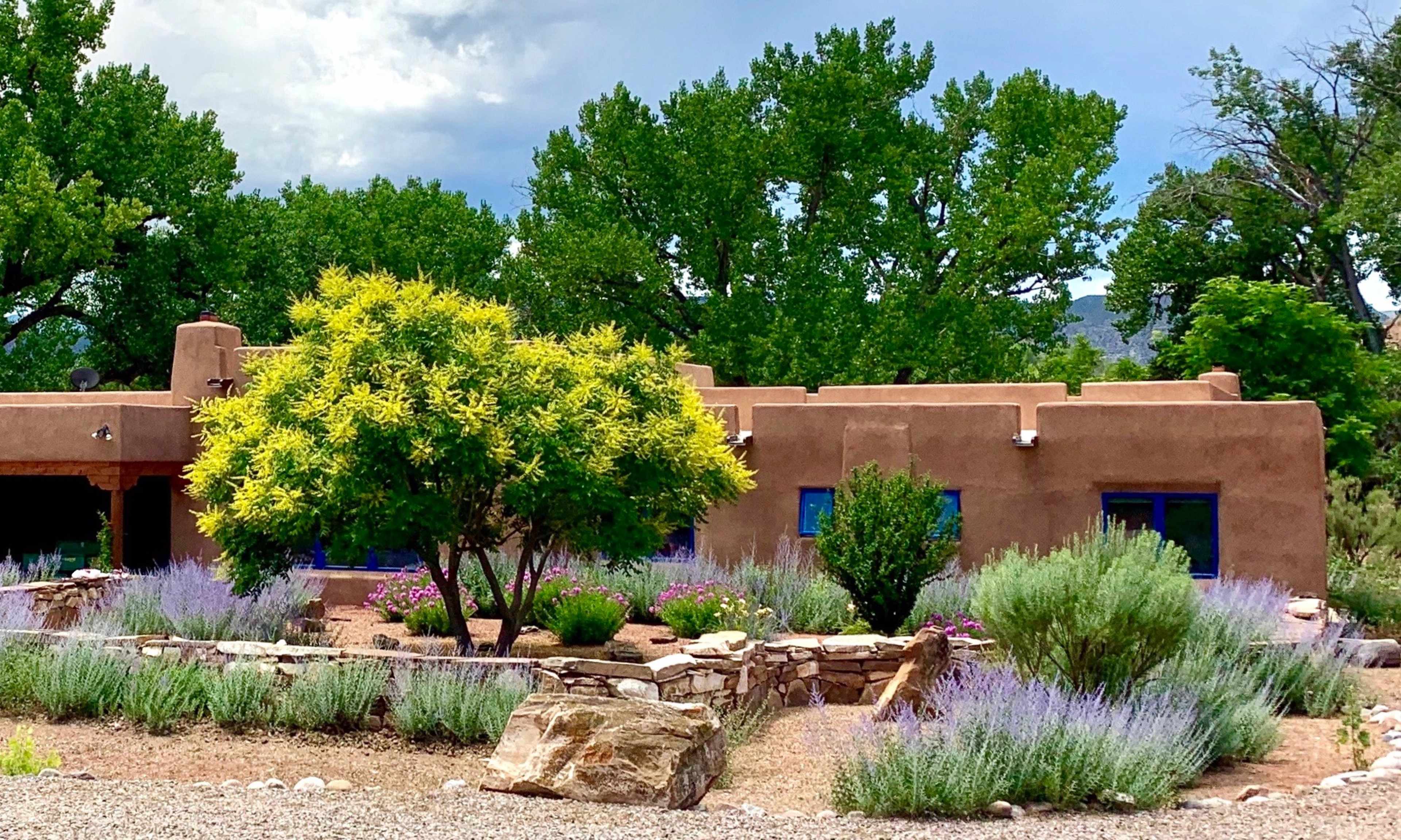 A brown adobe building surrounded by trees, shrubs, and a gravel landscape features purple flowers and large rocks.