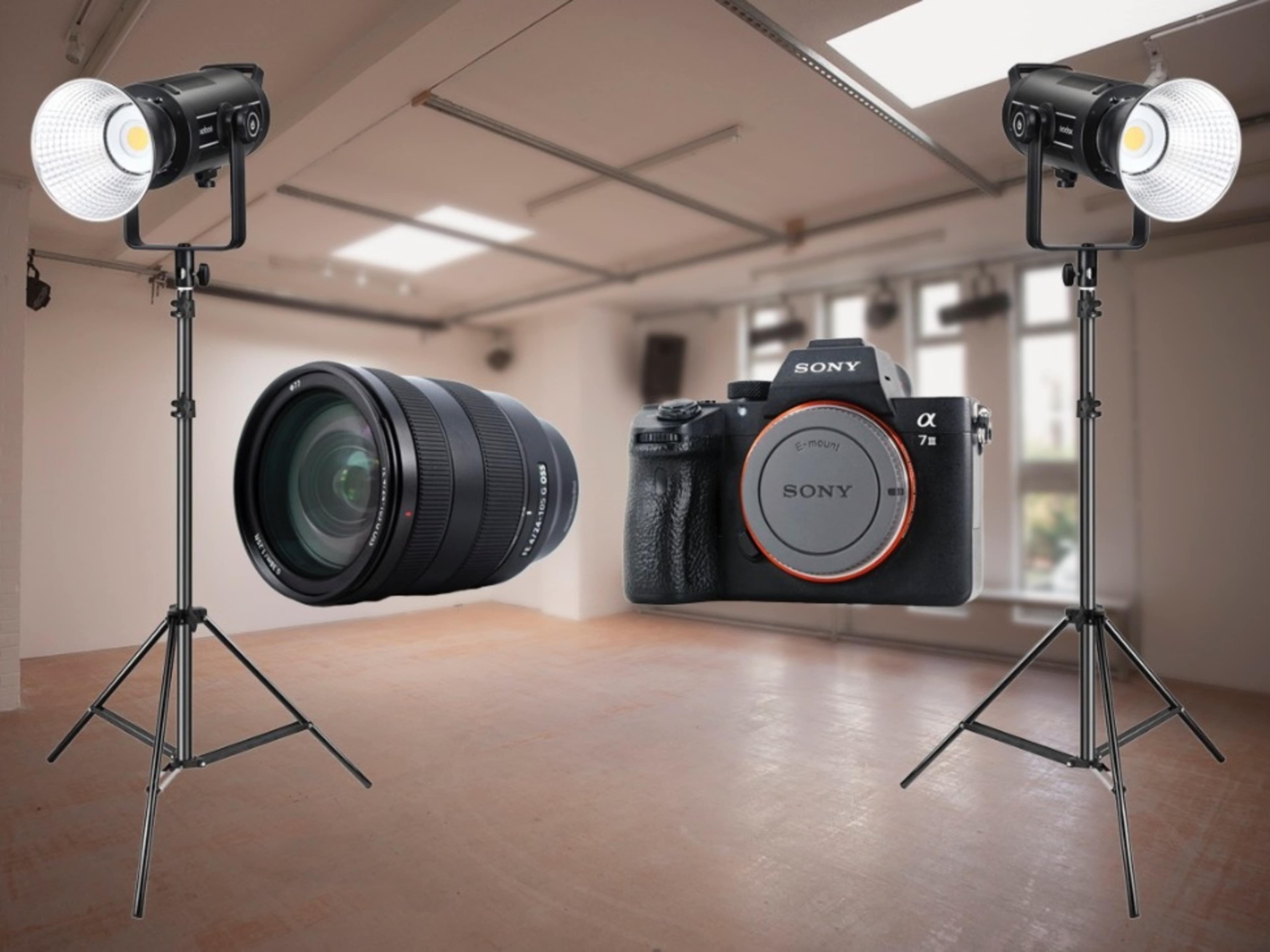 Sony A7iii camera, lens & 2 Godox SL150 lights