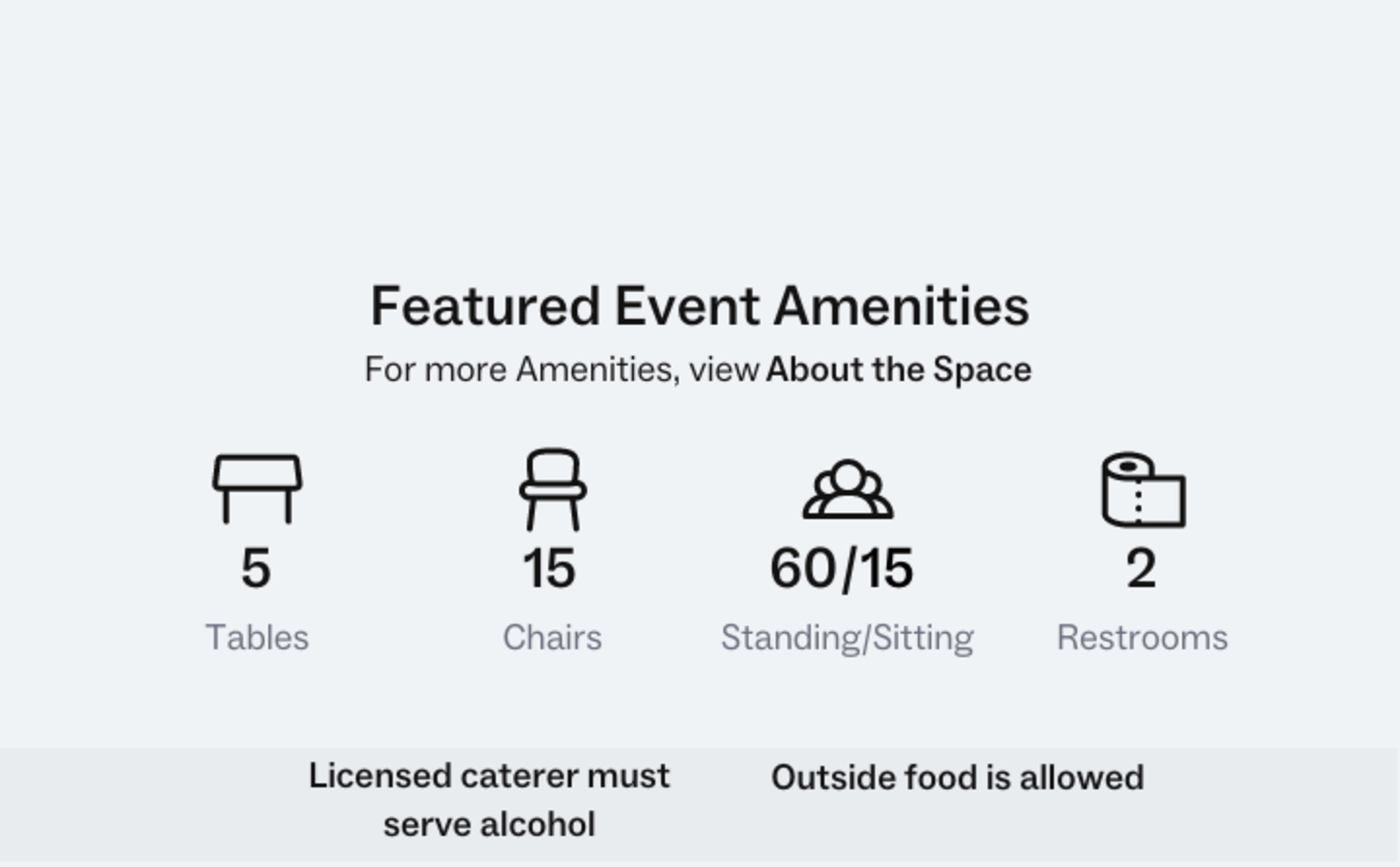 Featured event amenities including 5 tables, 15 chairs, capacity for 60 people standing or sitting, and 2 restrooms.