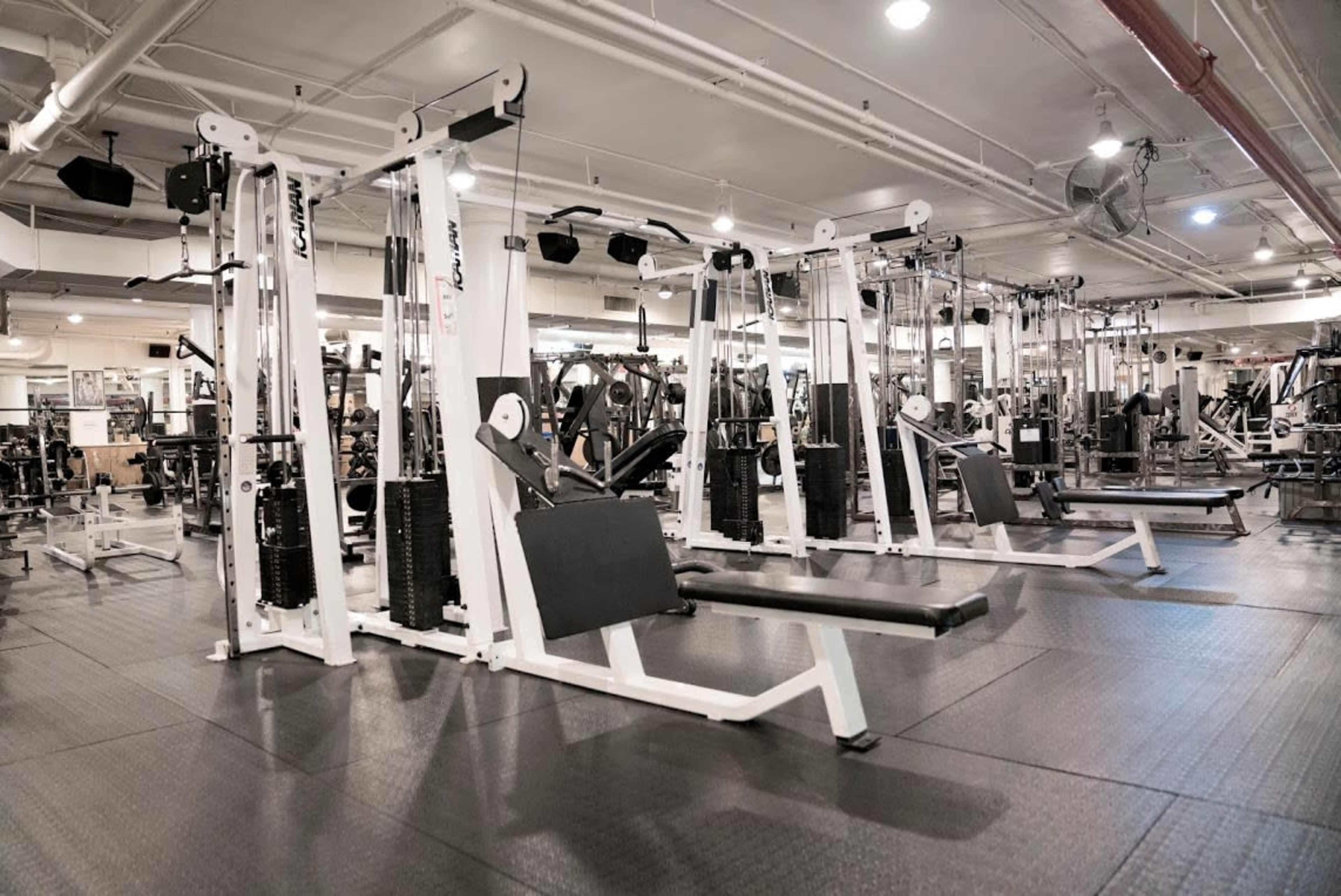 A well-equipped gym with multiple weight training machines arranged in an open space.