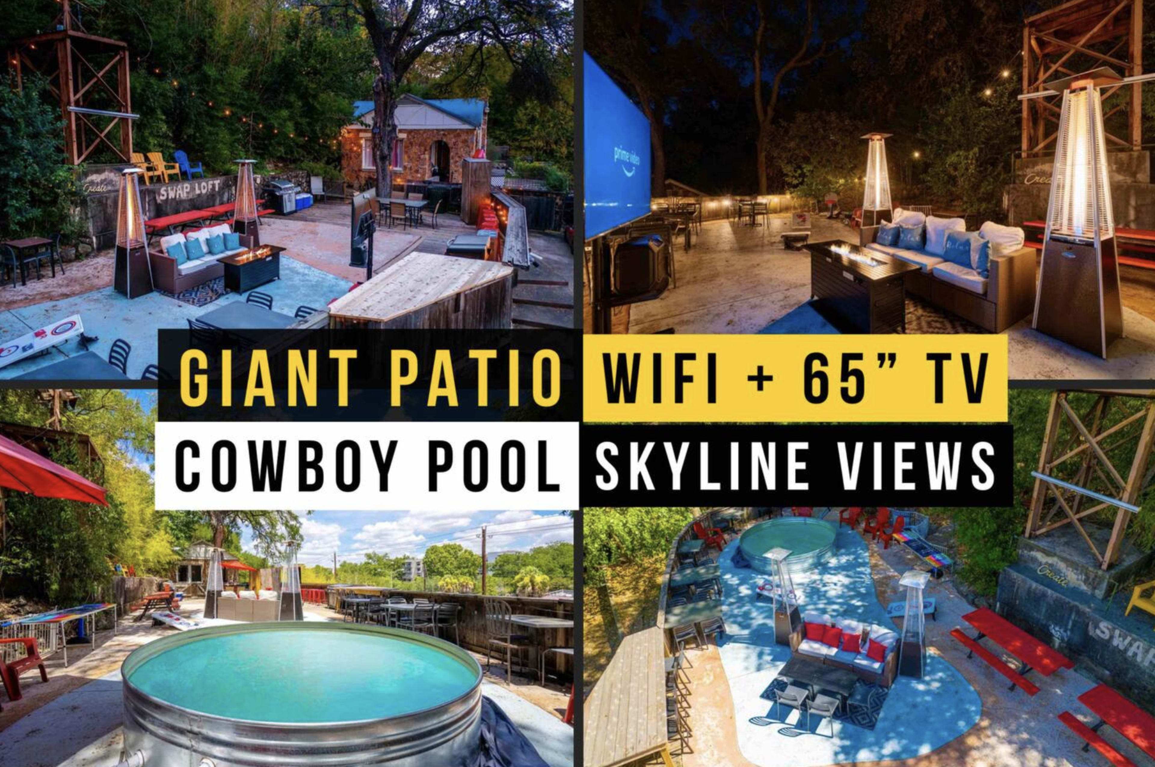 The image displays a vibrant outdoor space featuring a large patio with seating, a cowboy pool, a 65-inch TV, and skyline views.