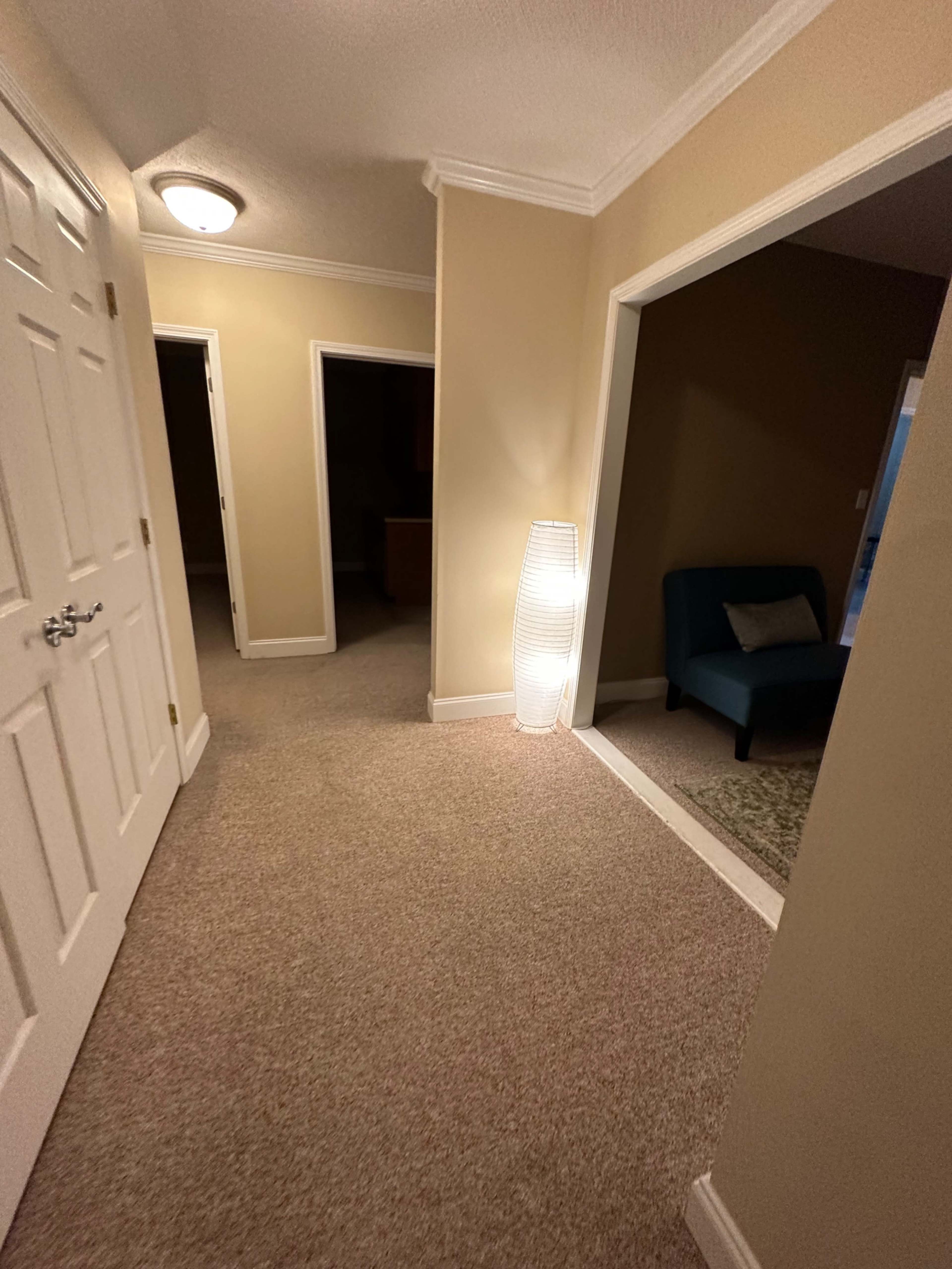 A well-lit hallway features beige walls, carpeted flooring, and a sleek lamp beside an open doorway leading to a small, furnished room.