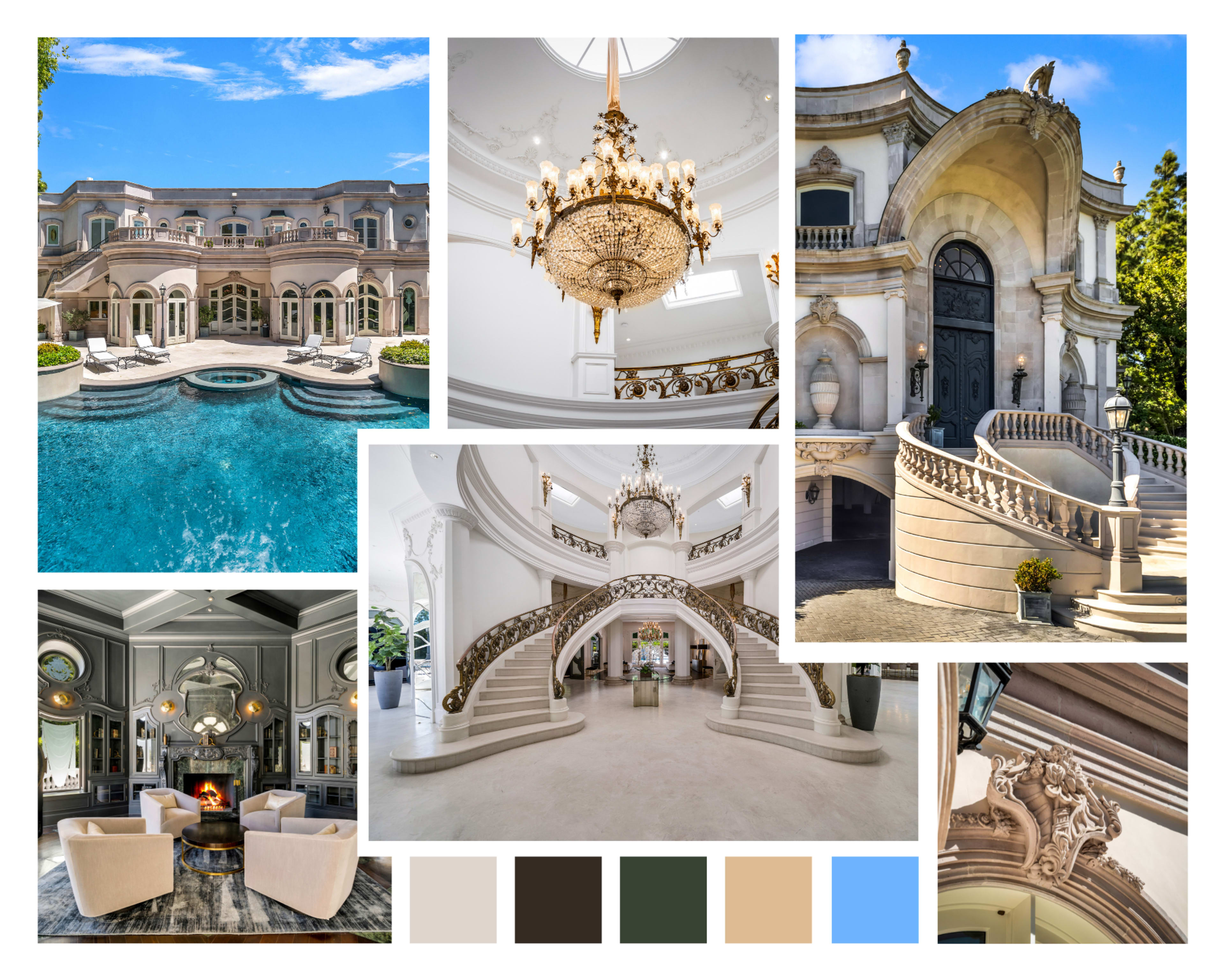A luxurious mansion with an expansive pool, grand chandelier, and elegant staircases, featuring both exterior and interior views.