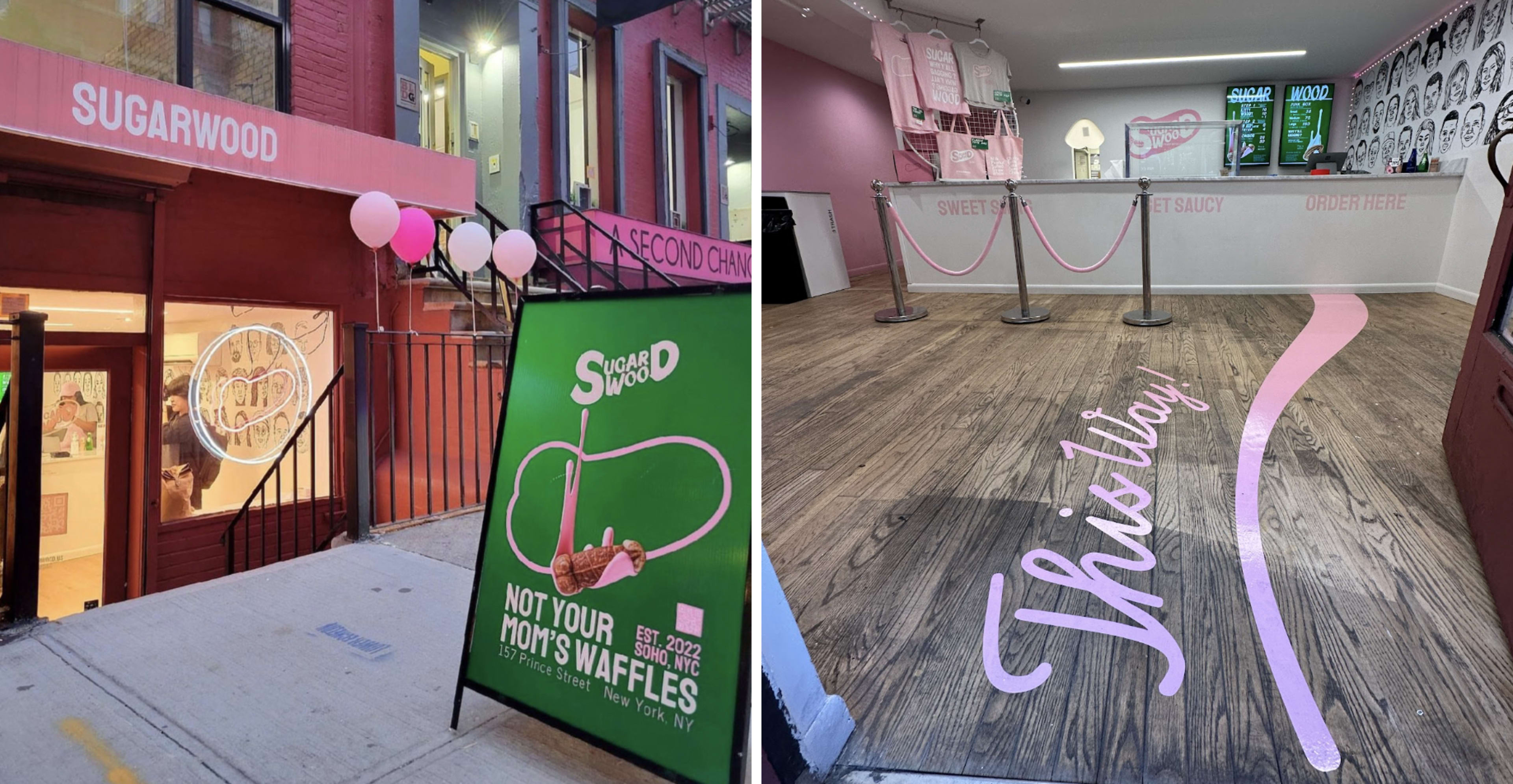 The exterior of a shop named "Sugarwood" with a bright entrance and a sign advertising "Not Your Mom's Waffles," alongside the interior space featuring a pink and white color scheme with a directional sign on the floor.