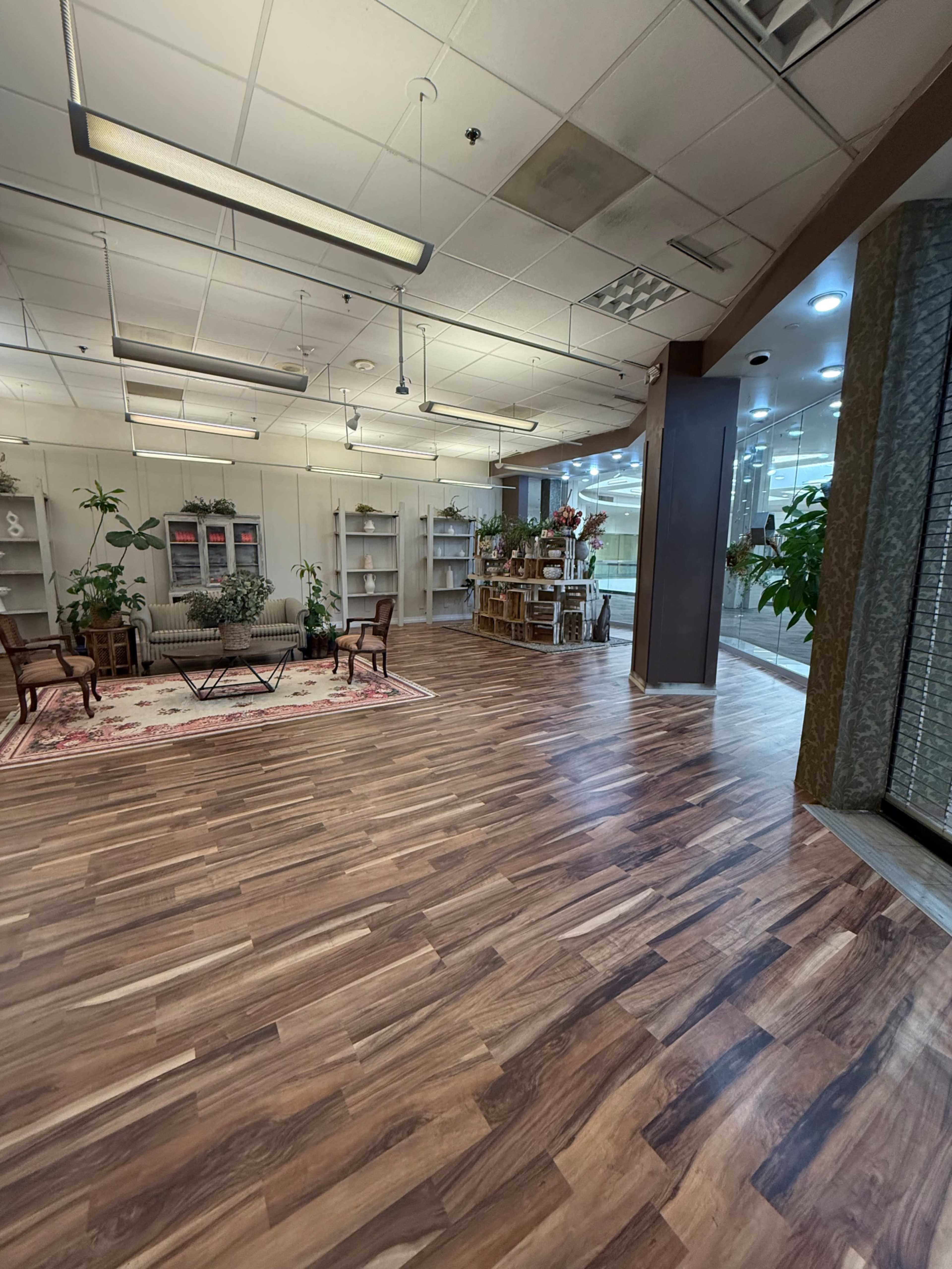 The image shows a spacious room with wooden flooring, featuring shelves, plants, and seating arranged around a central rug.