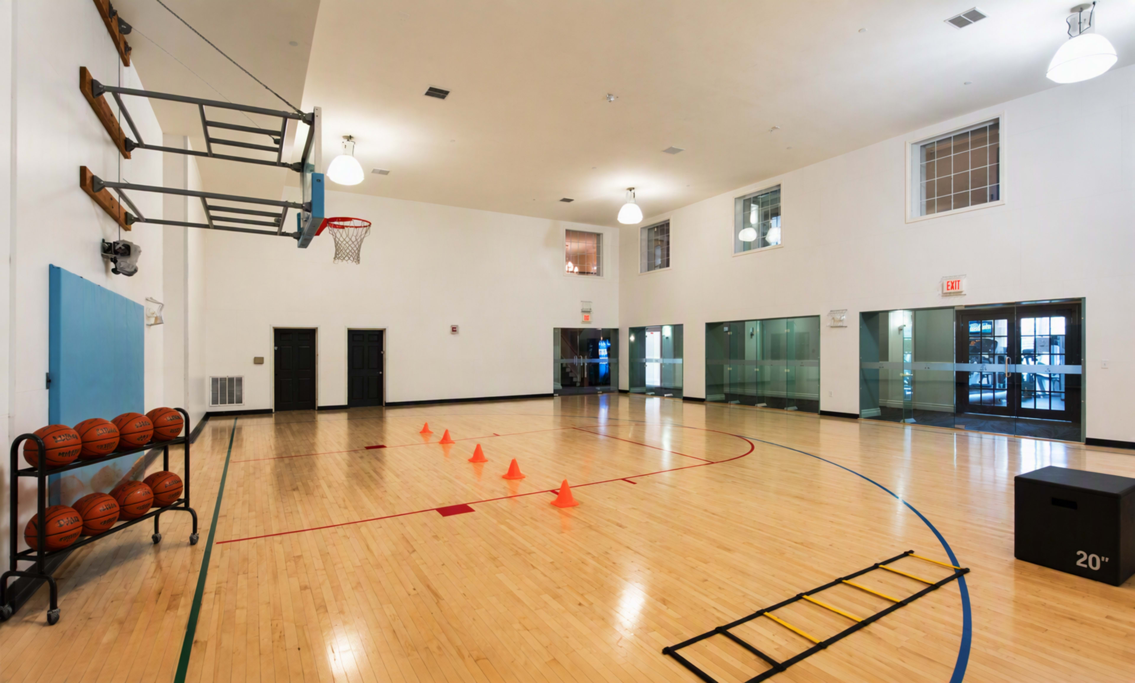The image shows an indoor basketball court with a hoop, cones arranged on the floor, and a box for training, accompanied by a rack of basketballs in the corner.