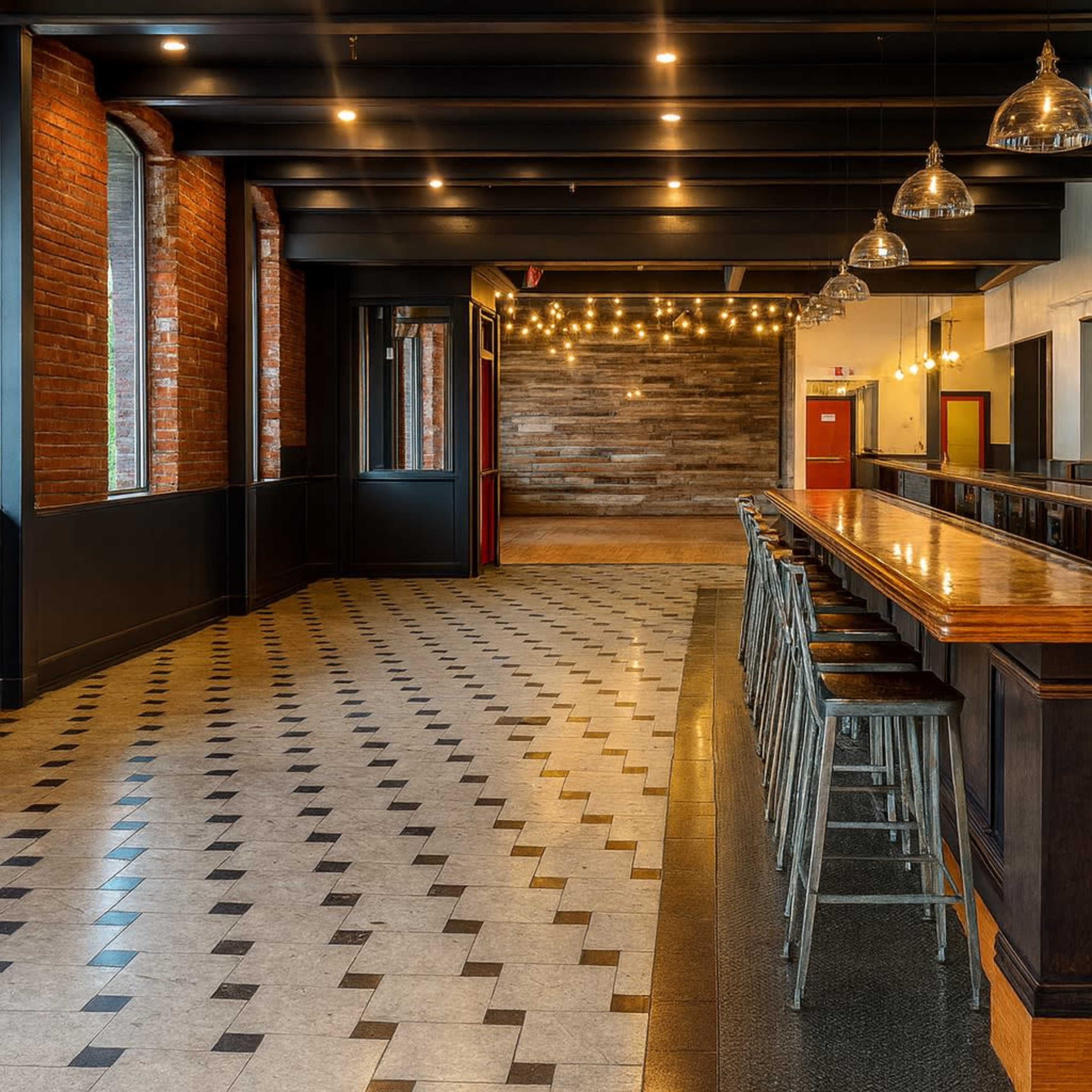 The image shows a spacious bar area featuring a long wooden counter with high metal stools, surrounded by exposed brick walls and warm overhead lighting.