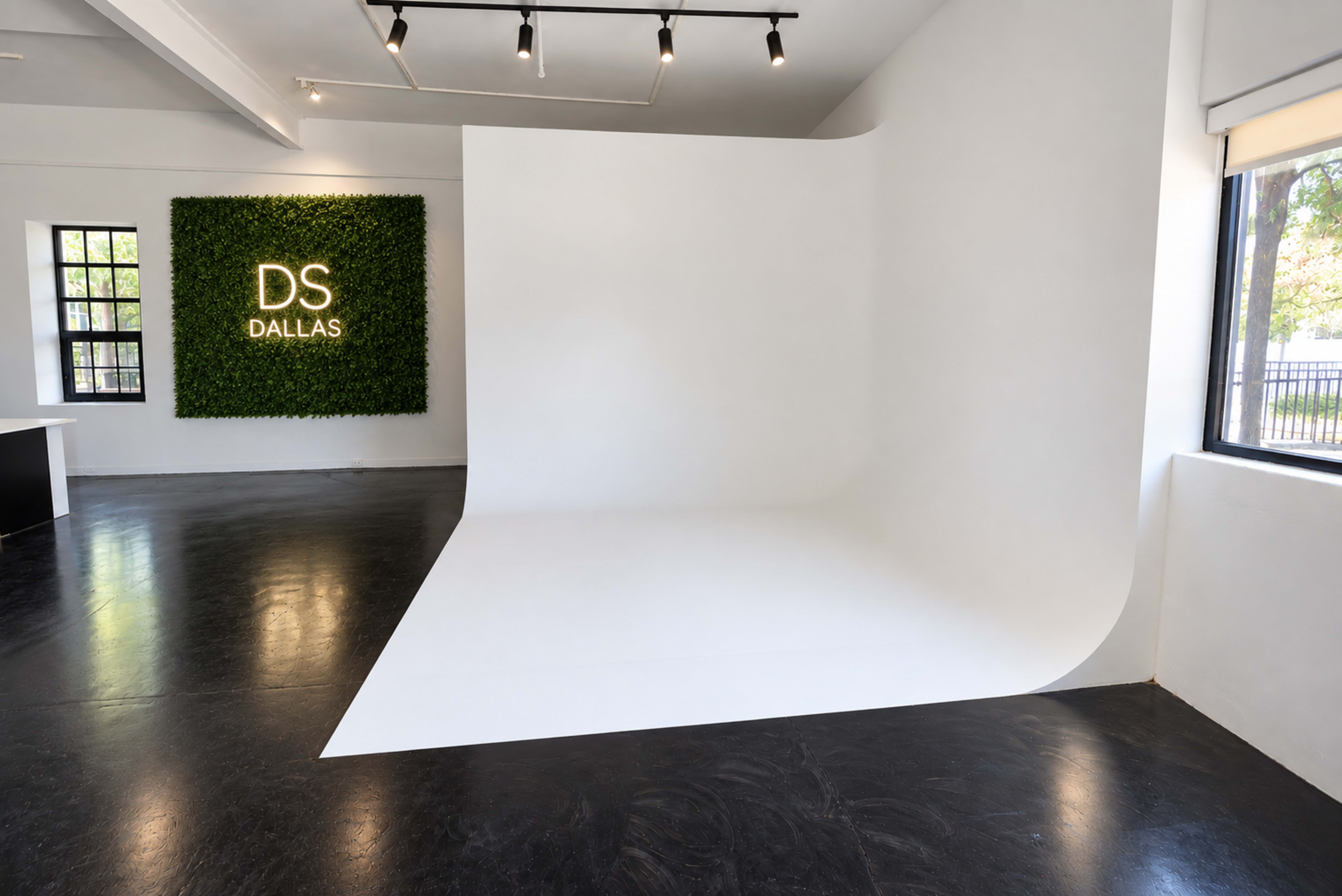 The image shows a minimalist studio space with a seamless white backdrop and a green vertical wall featuring the text "DS DALLAS" in illuminated letters.