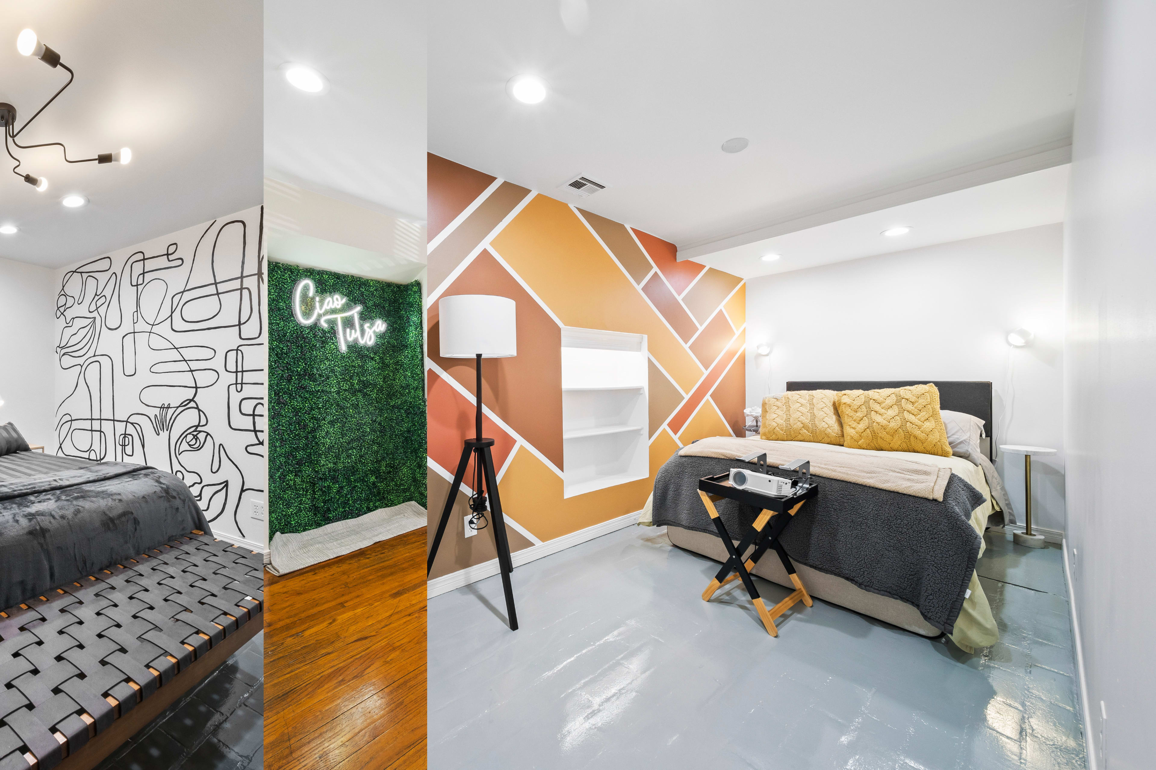 The image shows a split view of two distinct bedroom designs, one featuring a patterned black-and-white wall and the other with a geometric orange and brown design, both containing beds and various furniture.