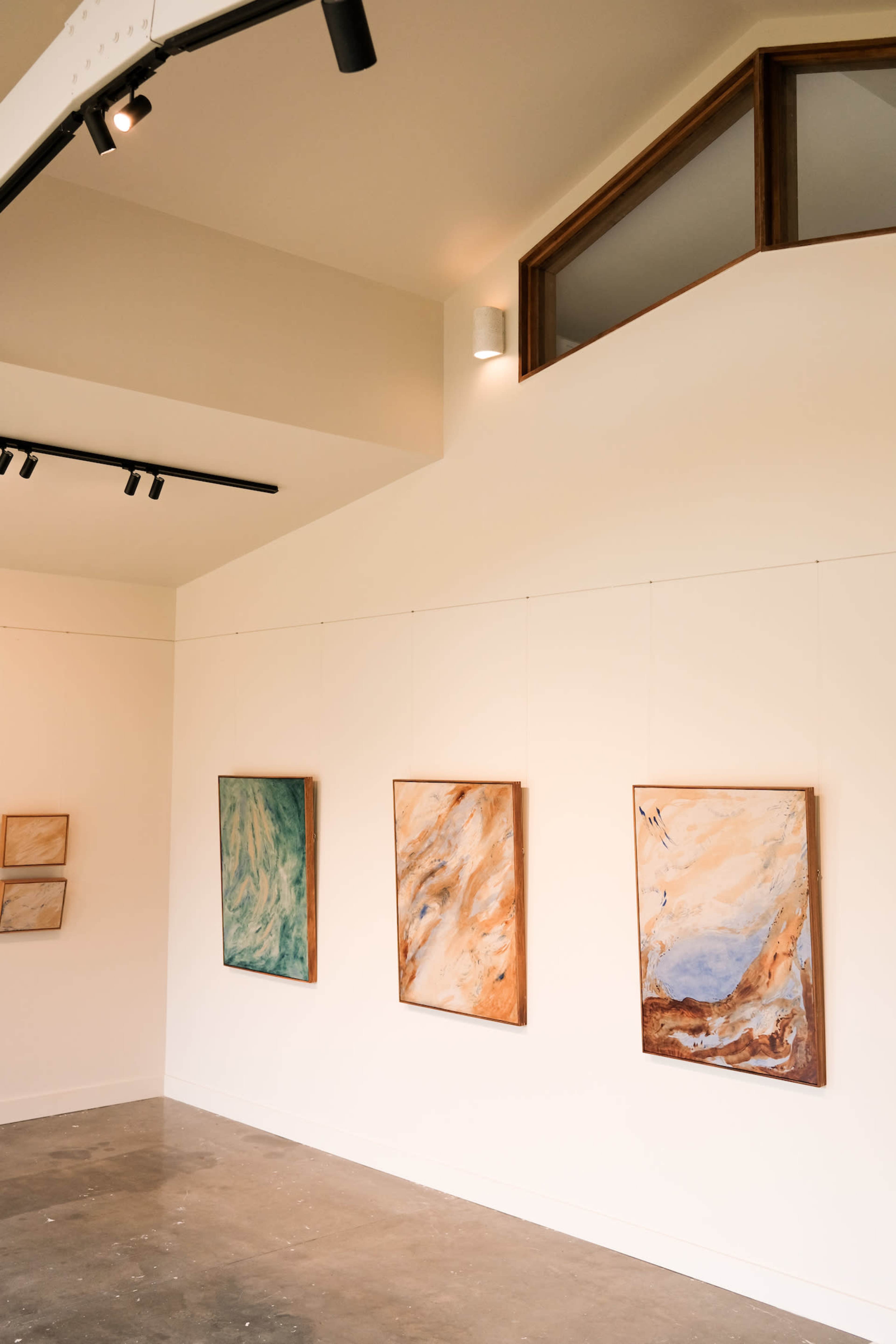 An art gallery with several paintings hanging on a white wall, featuring abstract designs in various colors.