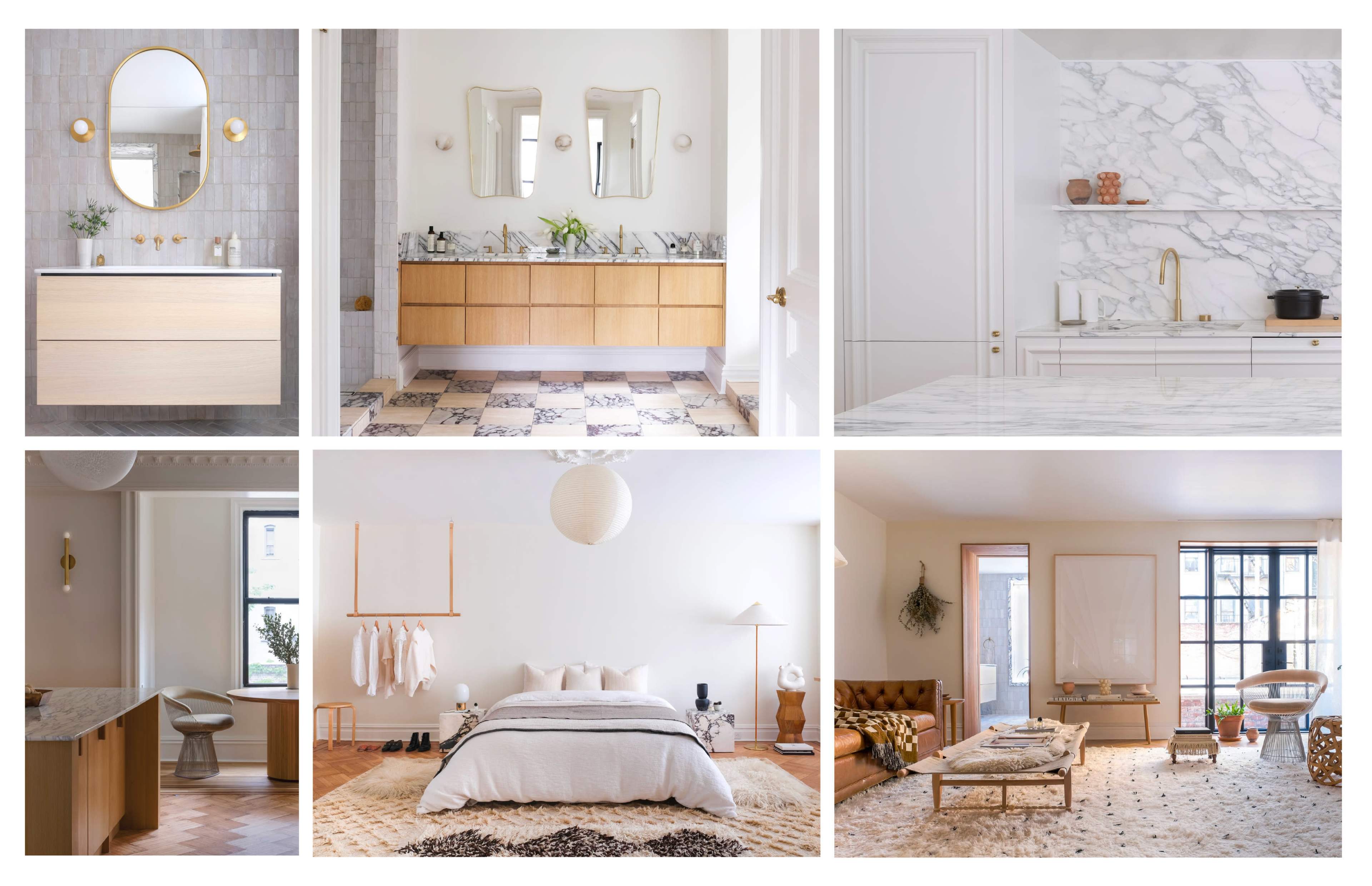 A collage of six interior spaces featuring modern design elements, including bathrooms with marble countertops, a minimalist bedroom, and a stylish living area with a sofa and decorative accents.