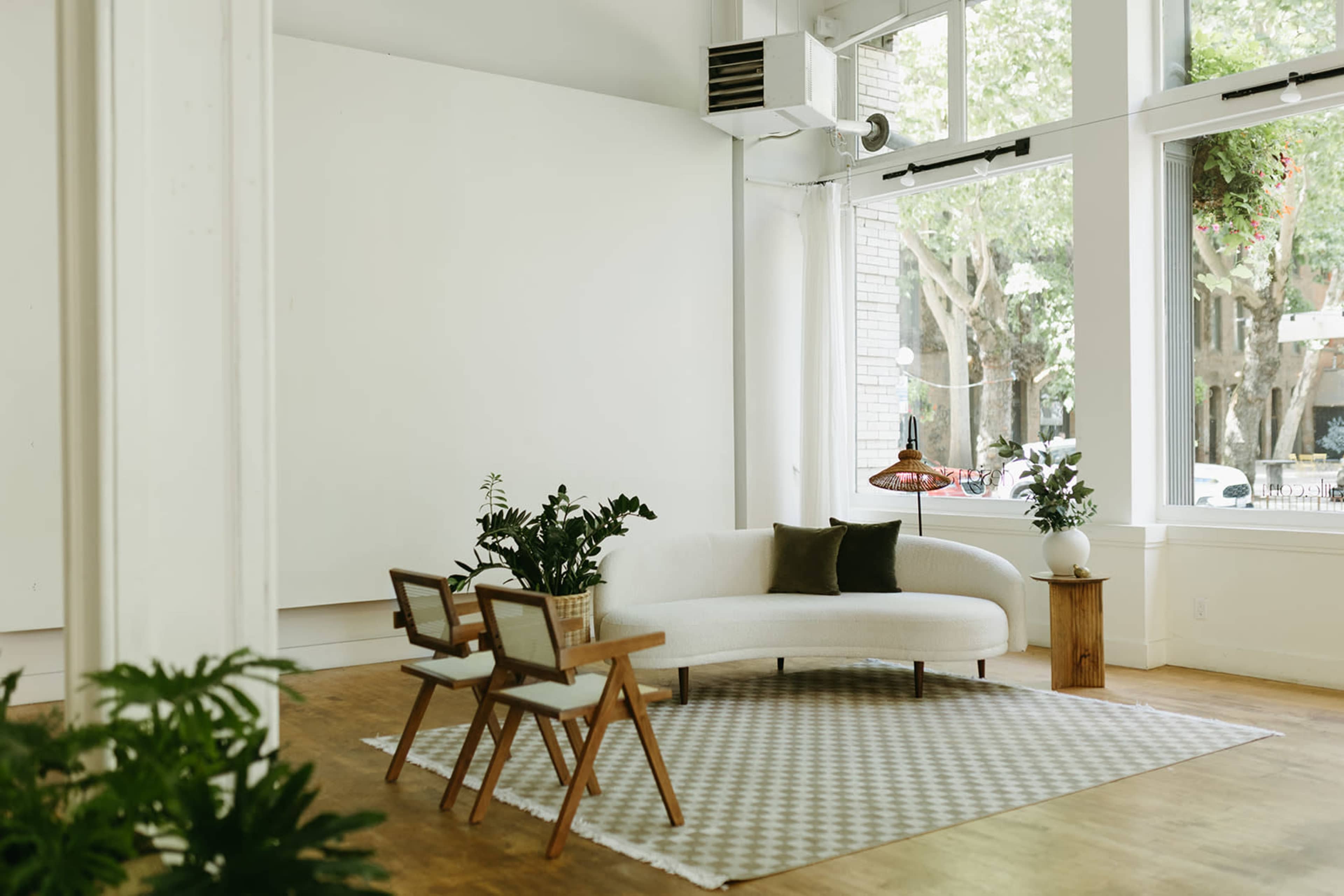 A minimalist living space features a curved white sofa surrounded by wooden chairs, a patterned rug, and potted plants, with large windows letting in natural light.