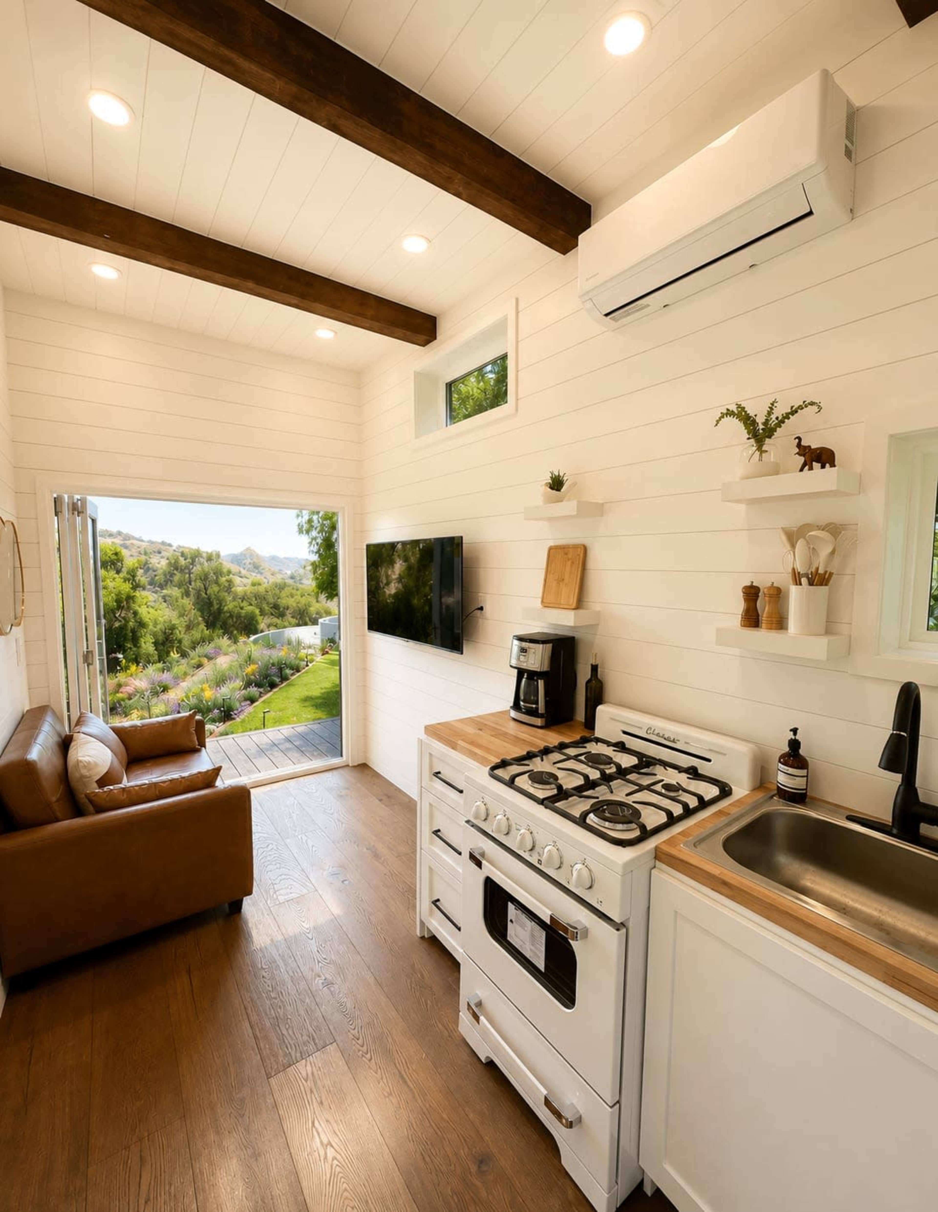 The image shows a compact and modern kitchen area with a sofa, gas stove, sink, and a view through open doors leading to an outdoor space.