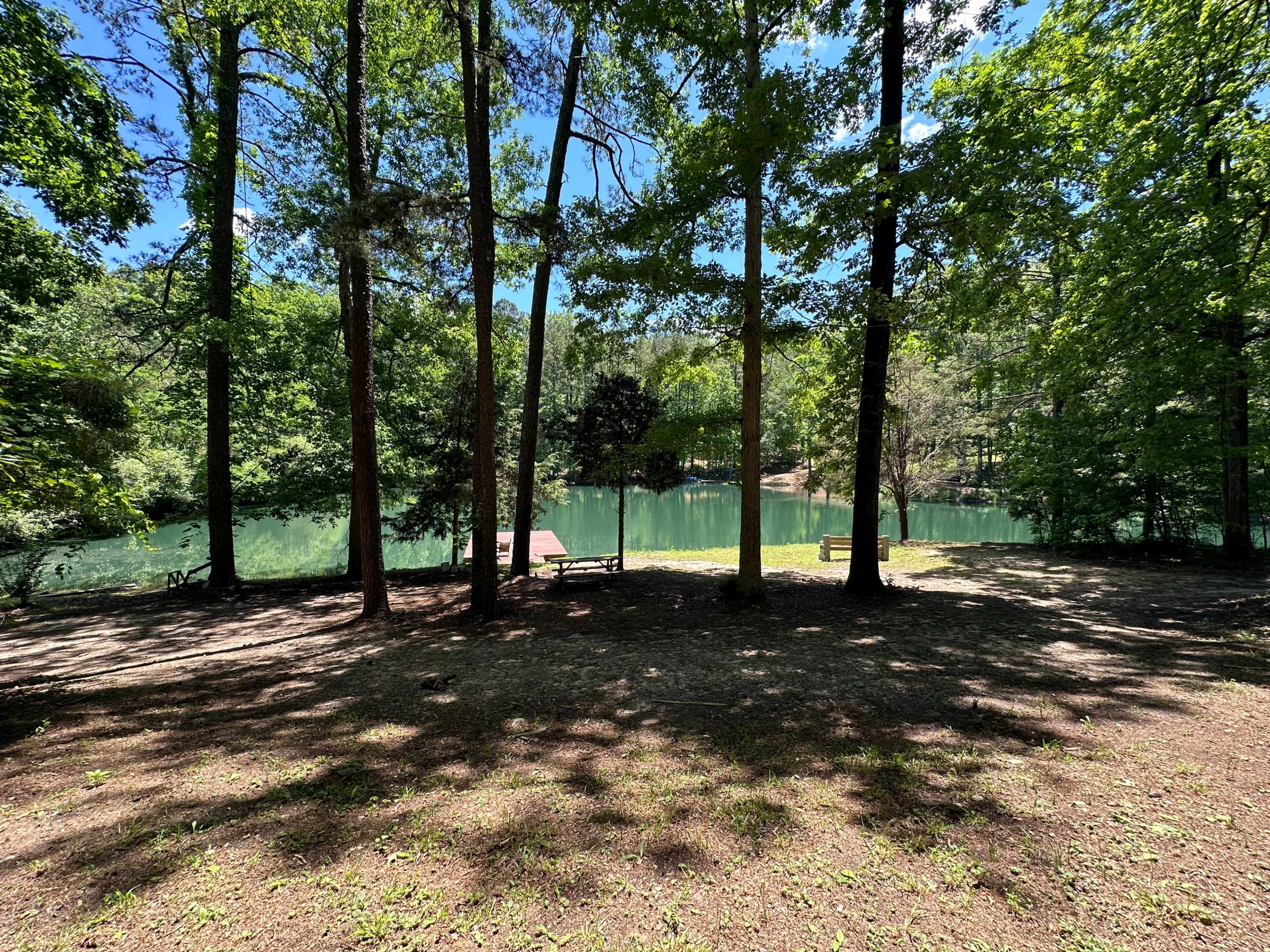 A serene lake is surrounded by trees, with benches positioned on the grassy shore.