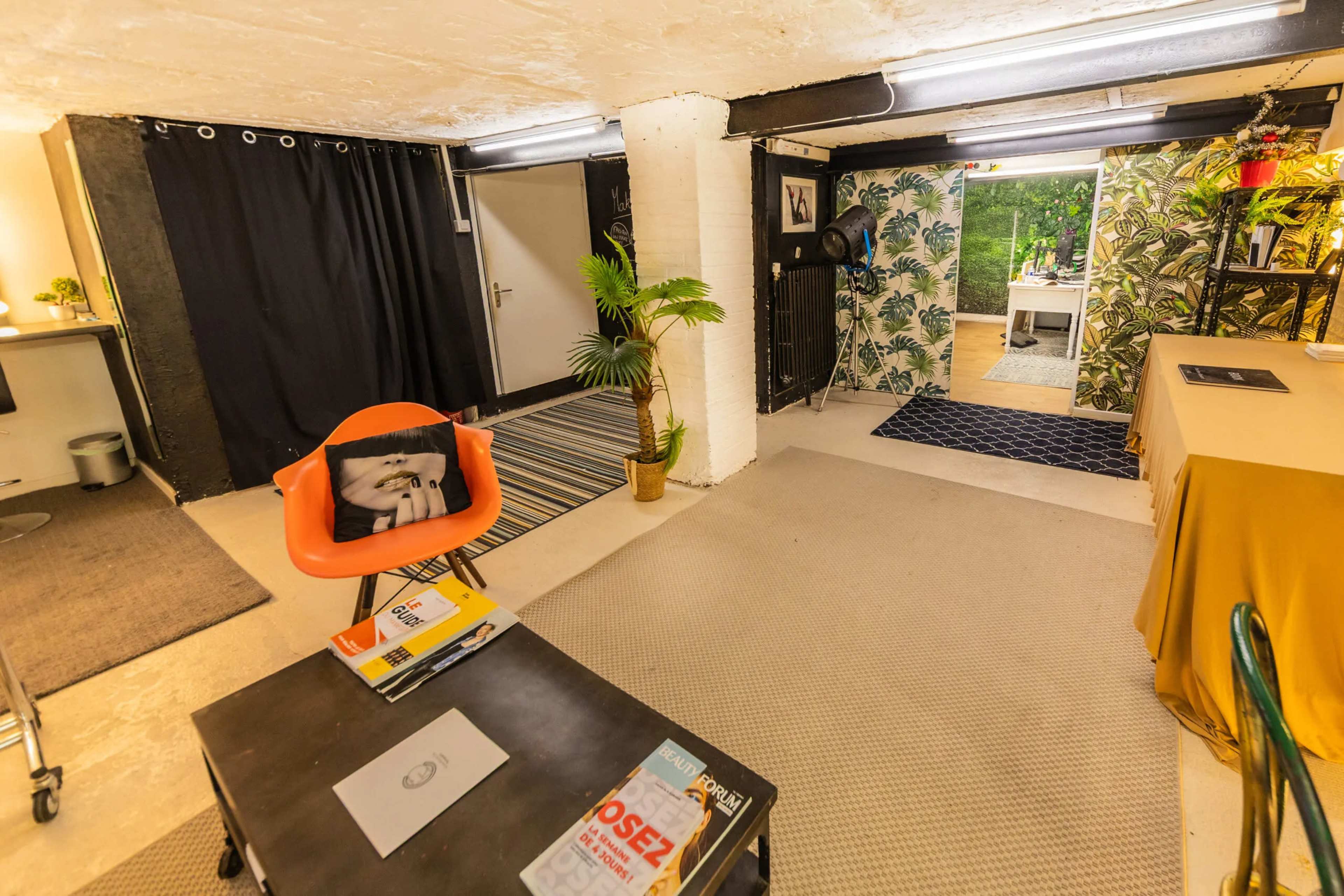 The image shows a basement room with a modern chair, a coffee table stacked with magazines, and decor that includes plants and a patterned wall in the background.